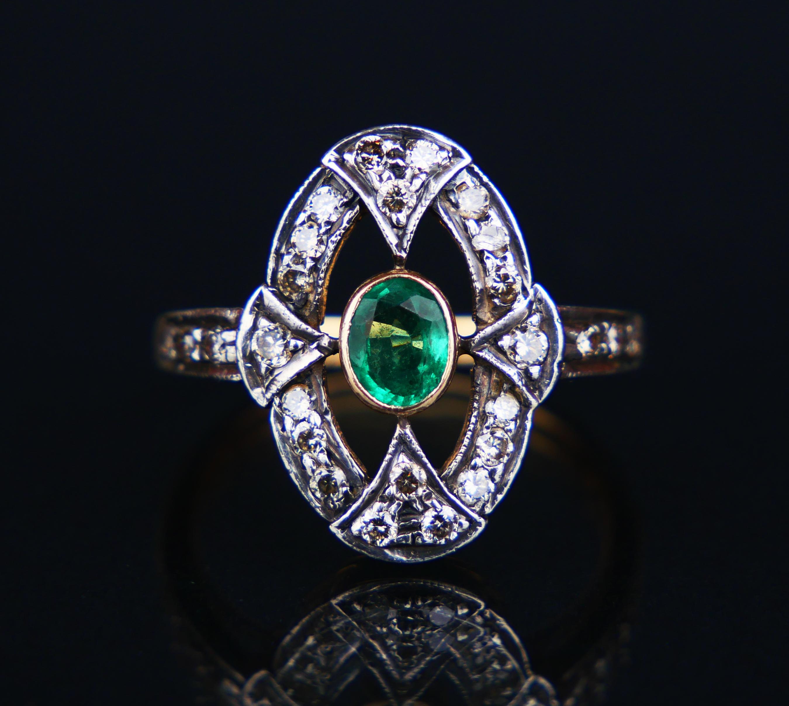 Art Deco Antiquee Ring 0.3ct Emerald 0.4ctw Diamonds solid 18K Gold Silver Ø US6.25 /3.2g For Sale