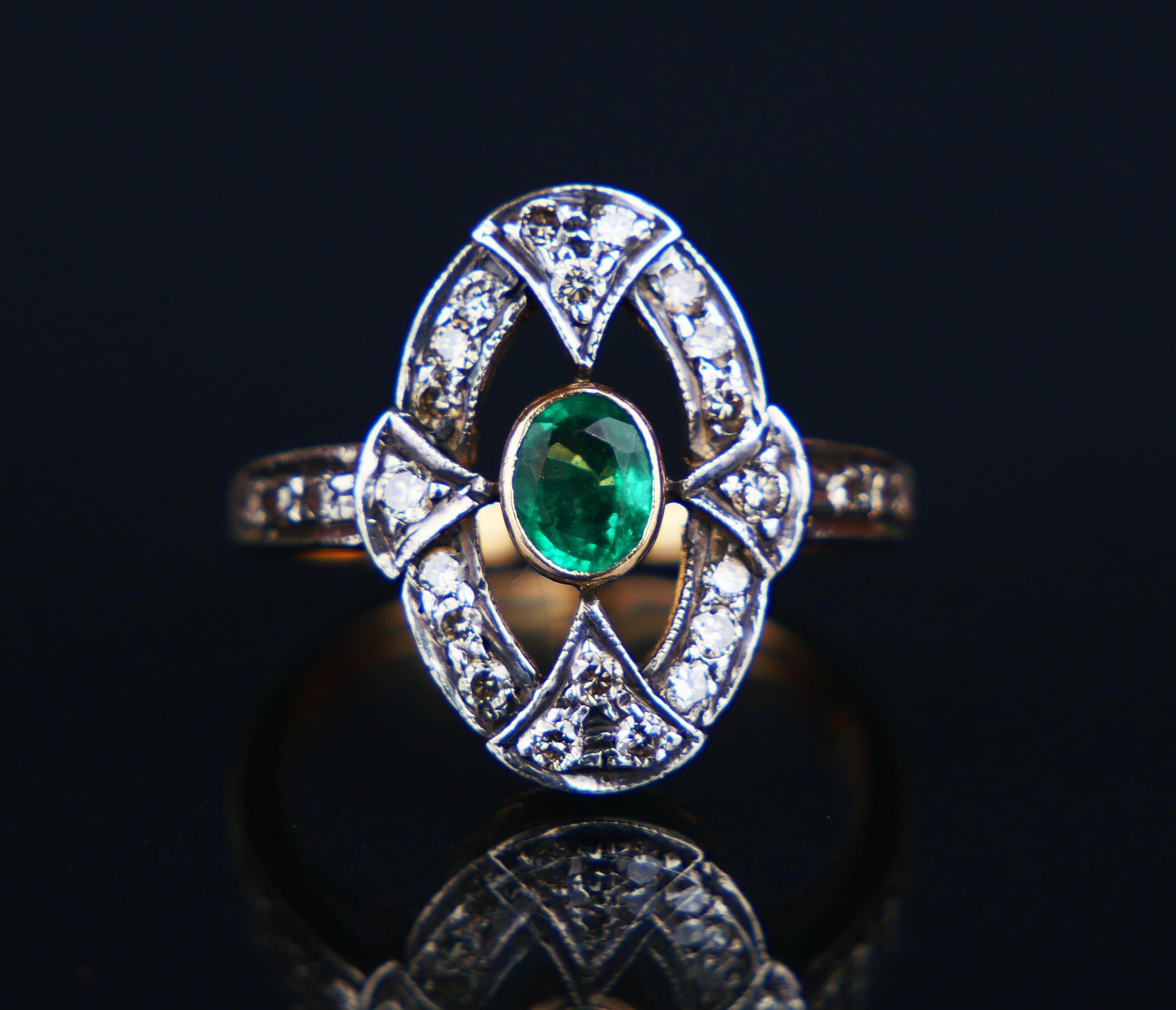 Taille ovale Bague Antiquee 0.3ct Emerald 0.4ctw Diamonds solid 18K Gold Silver Ø US6.25 /3.2g en vente