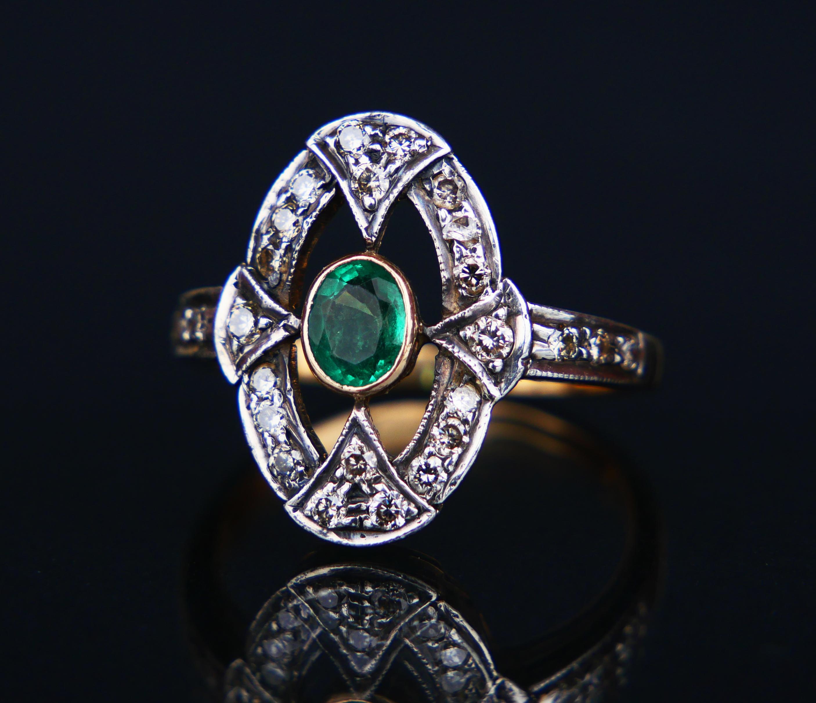 Women's Antiquee Ring 0.3ct Emerald 0.4ctw Diamonds solid 18K Gold Silver Ø US6.25 /3.2g For Sale
