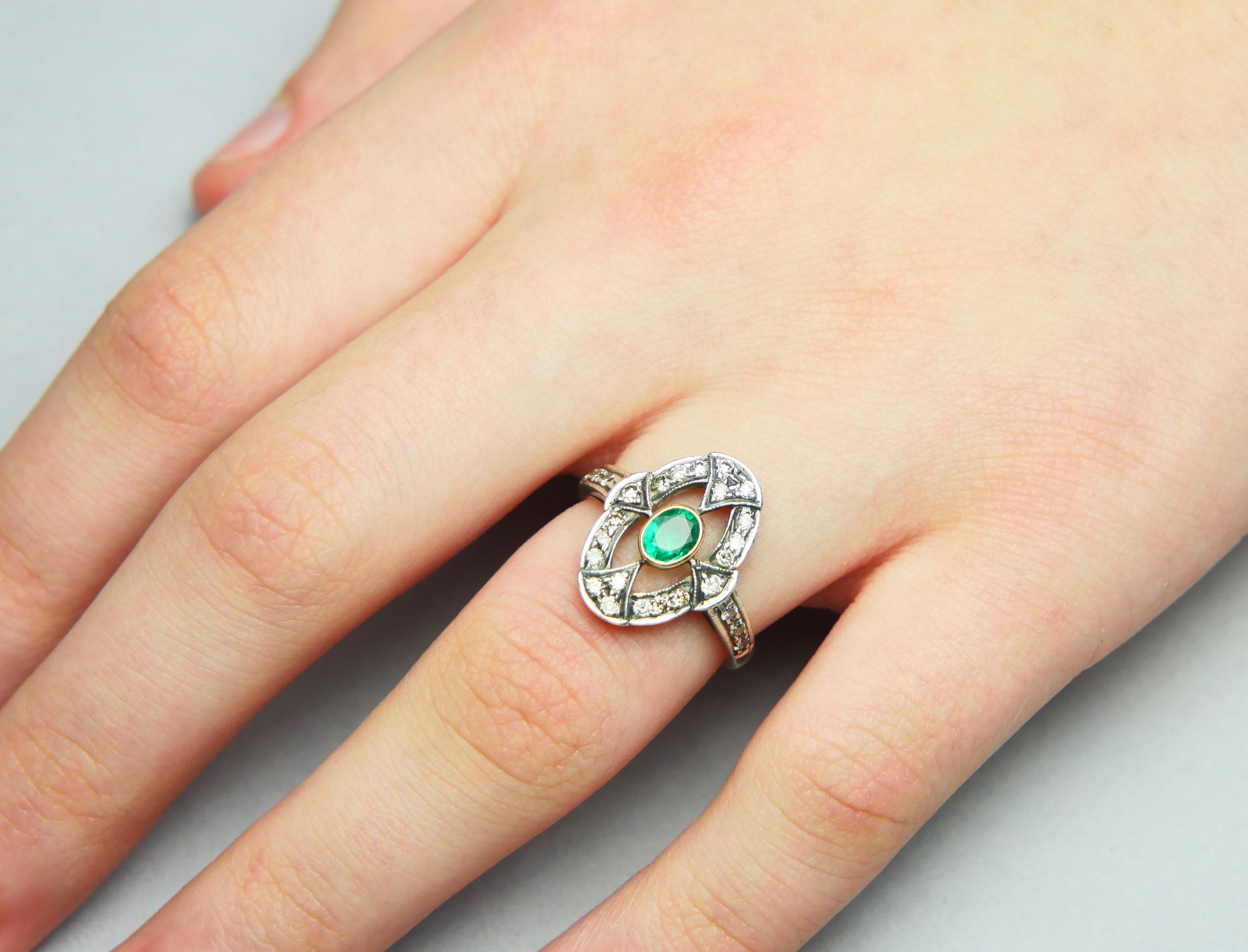 Antiquitäten Ring 0.3ct Smaragd 0.4ctw Diamanten massiv 18K Gold Silber Ø US6.25 /3.2g Damen im Angebot