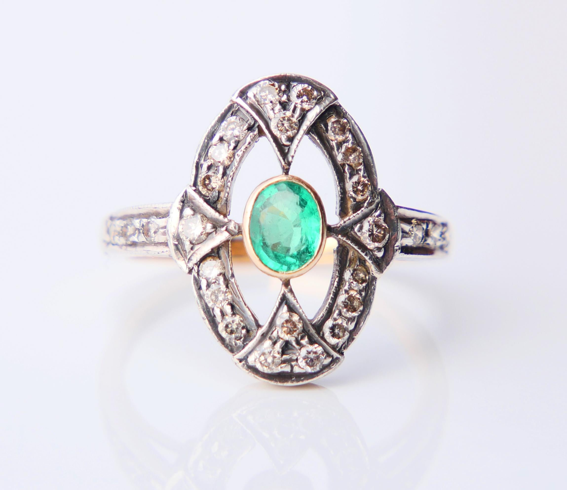 Antiquitäten Ring 0.3ct Smaragd 0.4ctw Diamanten massiv 18K Gold Silber Ø US6.25 /3.2g im Angebot 2