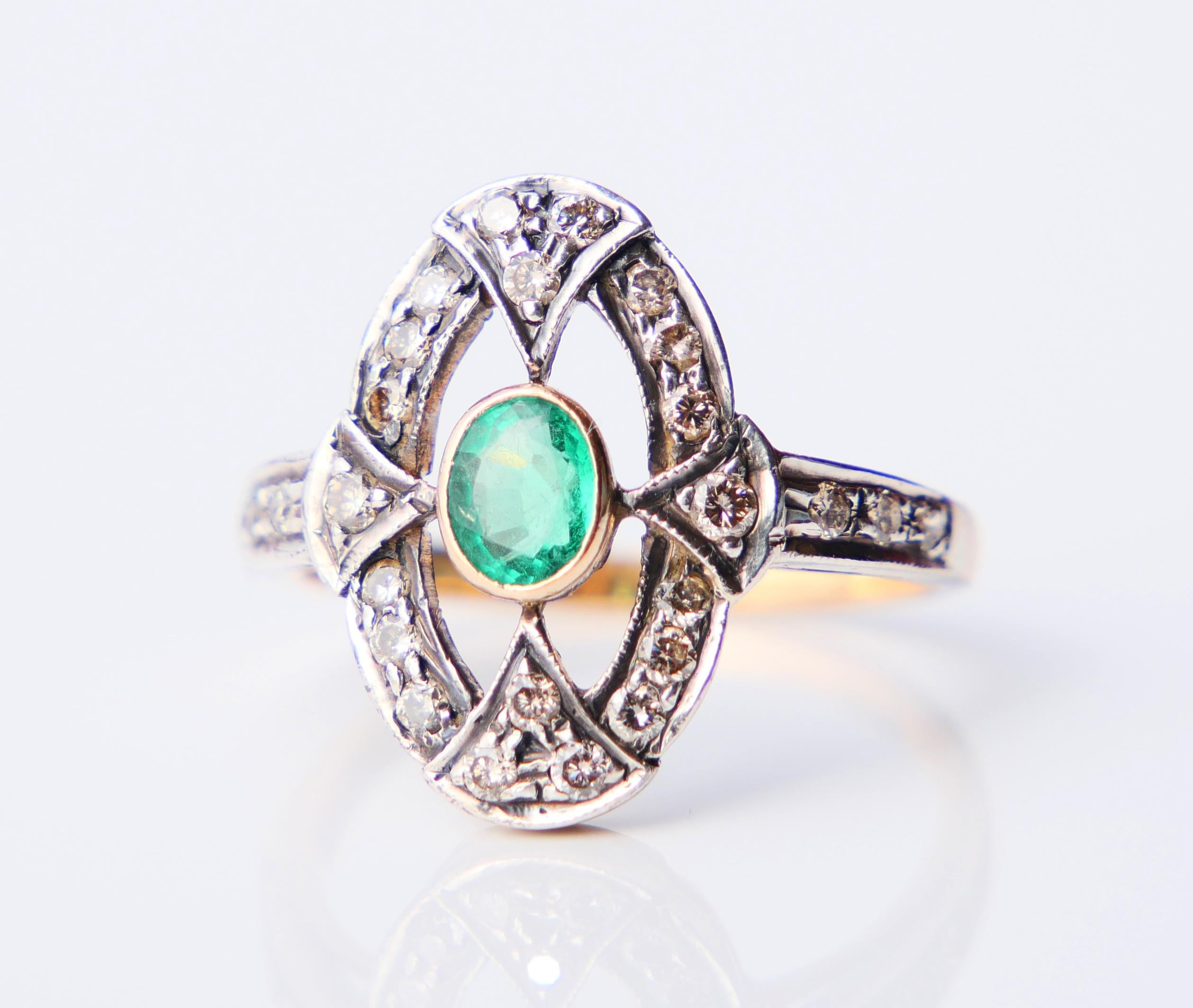 Antiquitäten Ring 0.3ct Smaragd 0.4ctw Diamanten massiv 18K Gold Silber Ø US6.25 /3.2g im Angebot 3