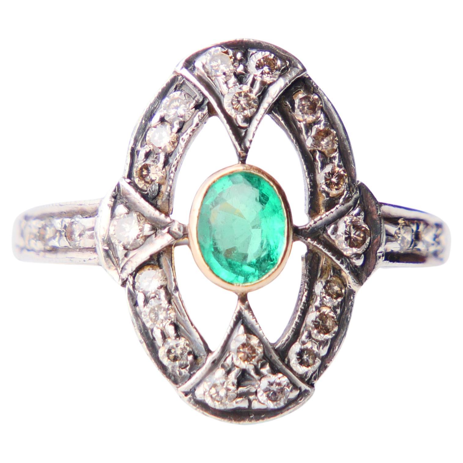 Antiquitäten Ring 0.3ct Smaragd 0.4ctw Diamanten massiv 18K Gold Silber Ø US6.25 /3.2g im Angebot