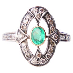 Antiquitäten Ring 0.3ct Smaragd 0.4ctw Diamanten massiv 18K Gold Silber Ø US6.25 /3.2g