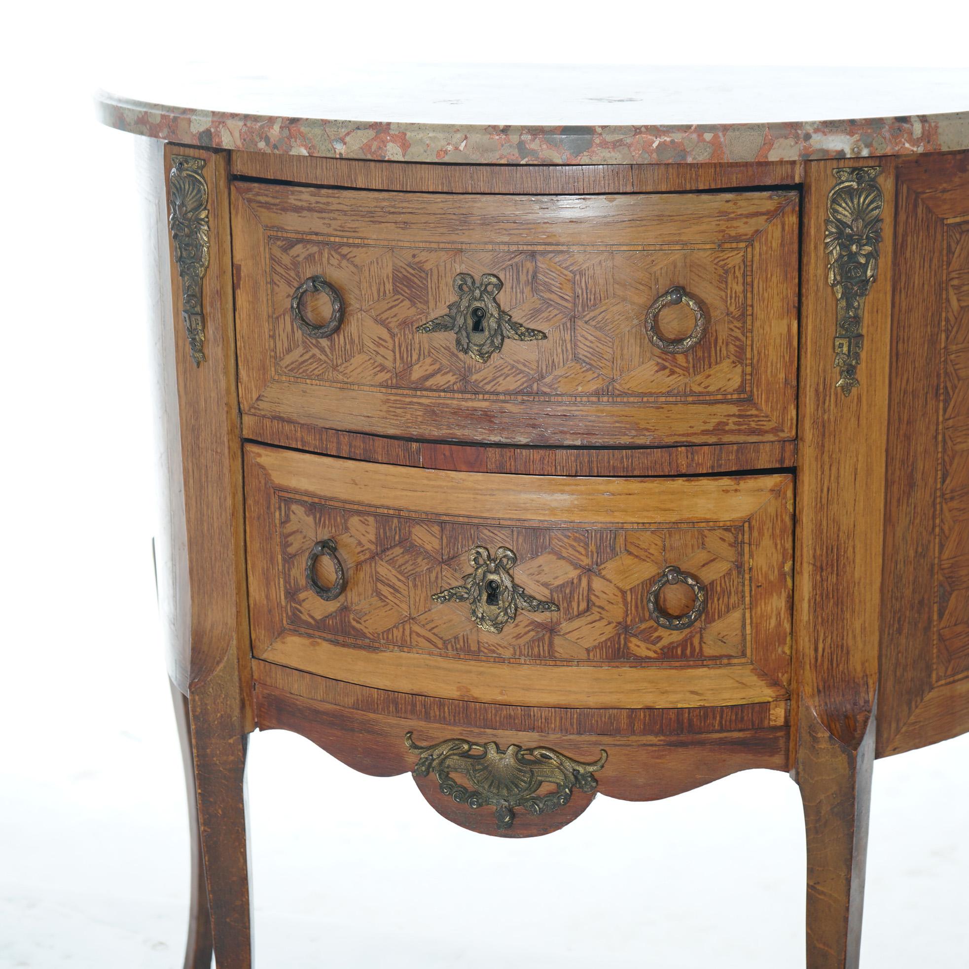 AntiqueFrench Demilune Kingwood, Satinwood & Spécimen Marble Side Table c1920 In Good Condition For Sale In Big Flats, NY