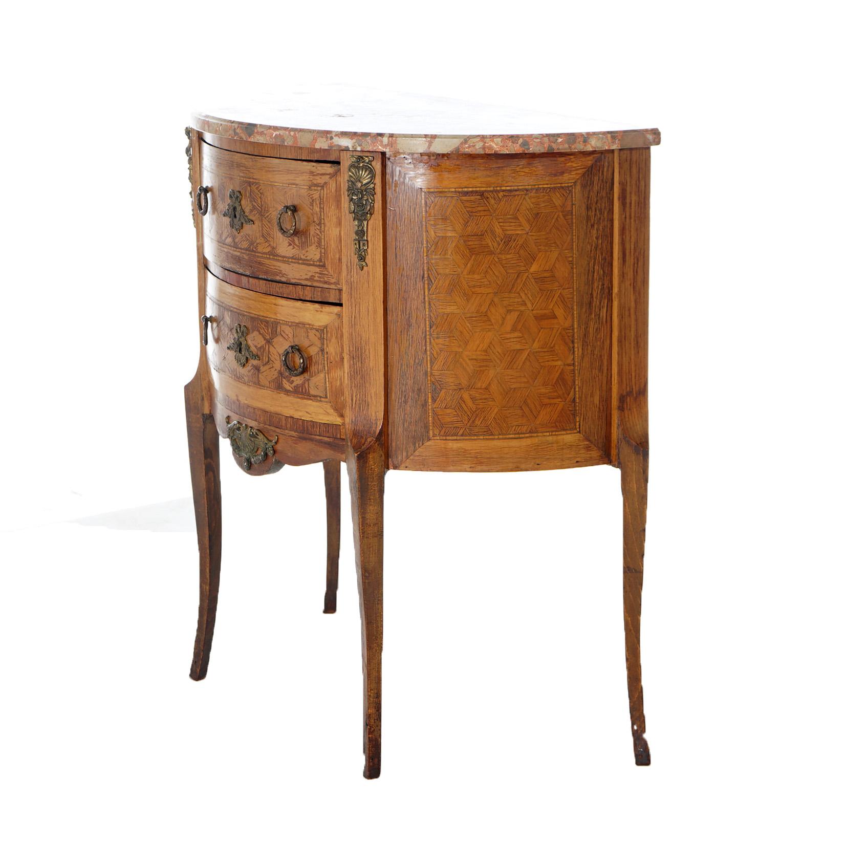 AntiqueFrench Demilune Kingwood, Satinwood & Spécimen Marble Side Table c1920 For Sale 1