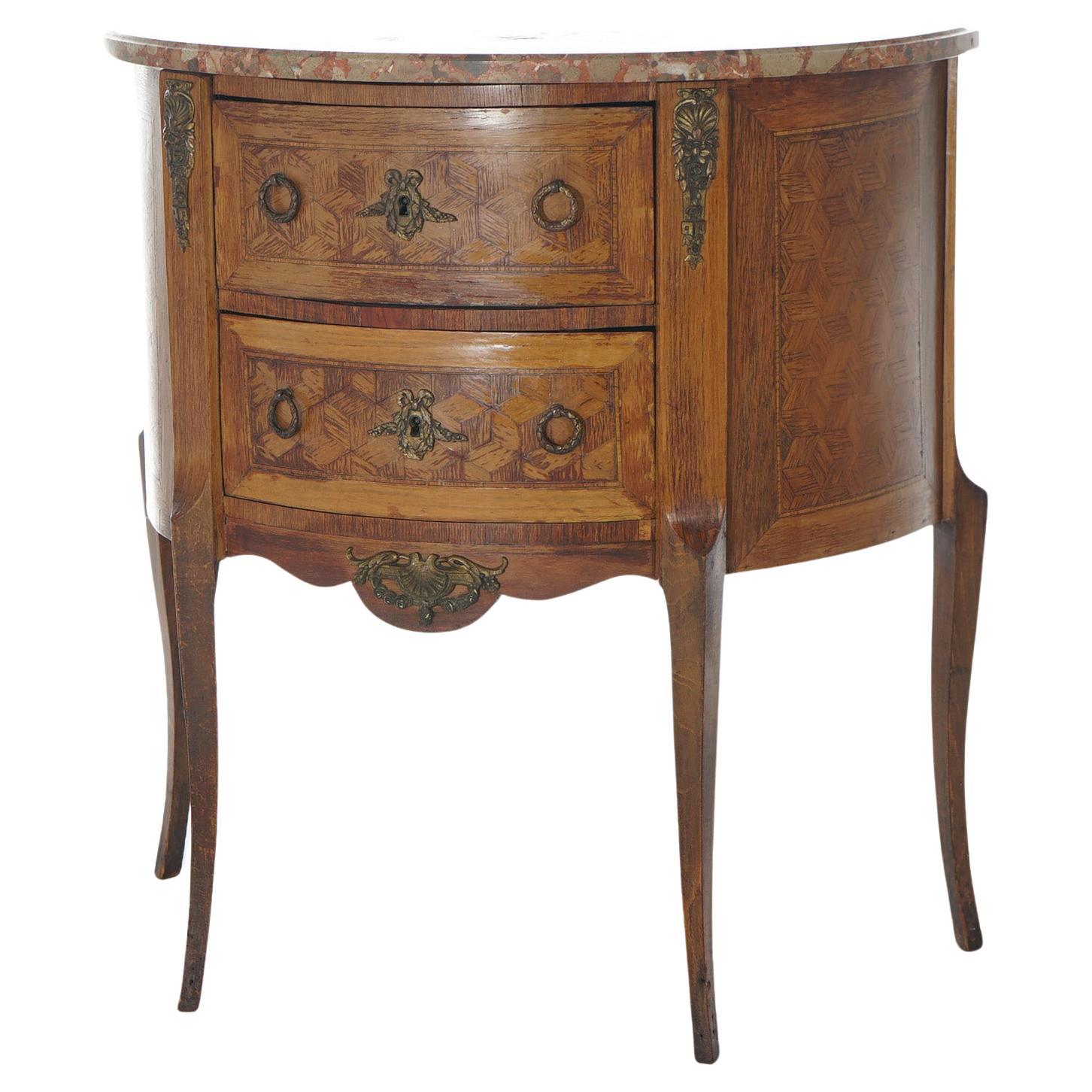 AntiqueFrench Demilune Kingwood, Satinwood & Spécimen Marble Side Table c1920 For Sale