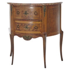 AntiqueFrench Demilune Kingwood, Satinwood & Spécimen Marble Side Table c1920