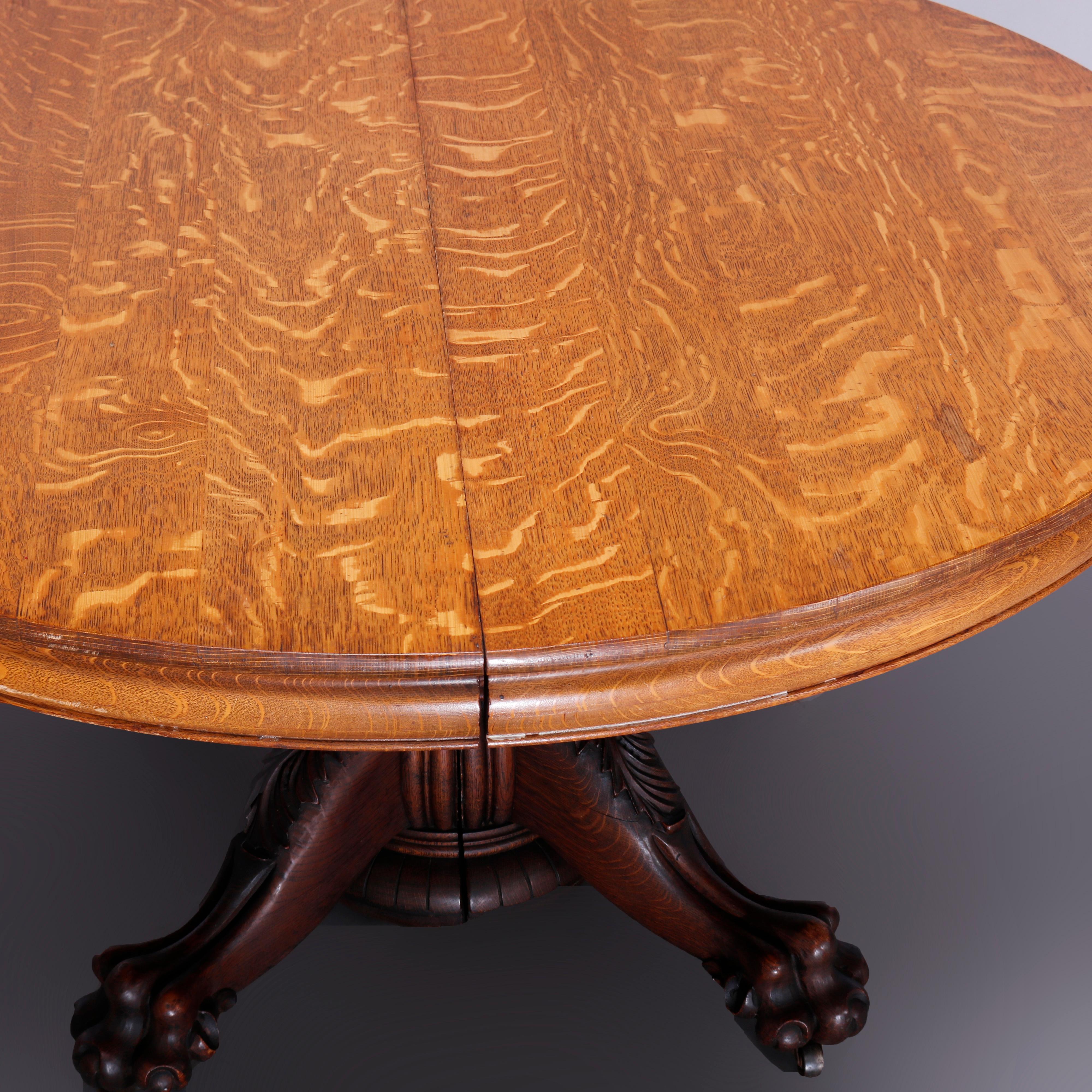 AntiqueHastings Round Oak Carved Claw Foot Banquet Dining Table & 5 Leaves c1910 5
