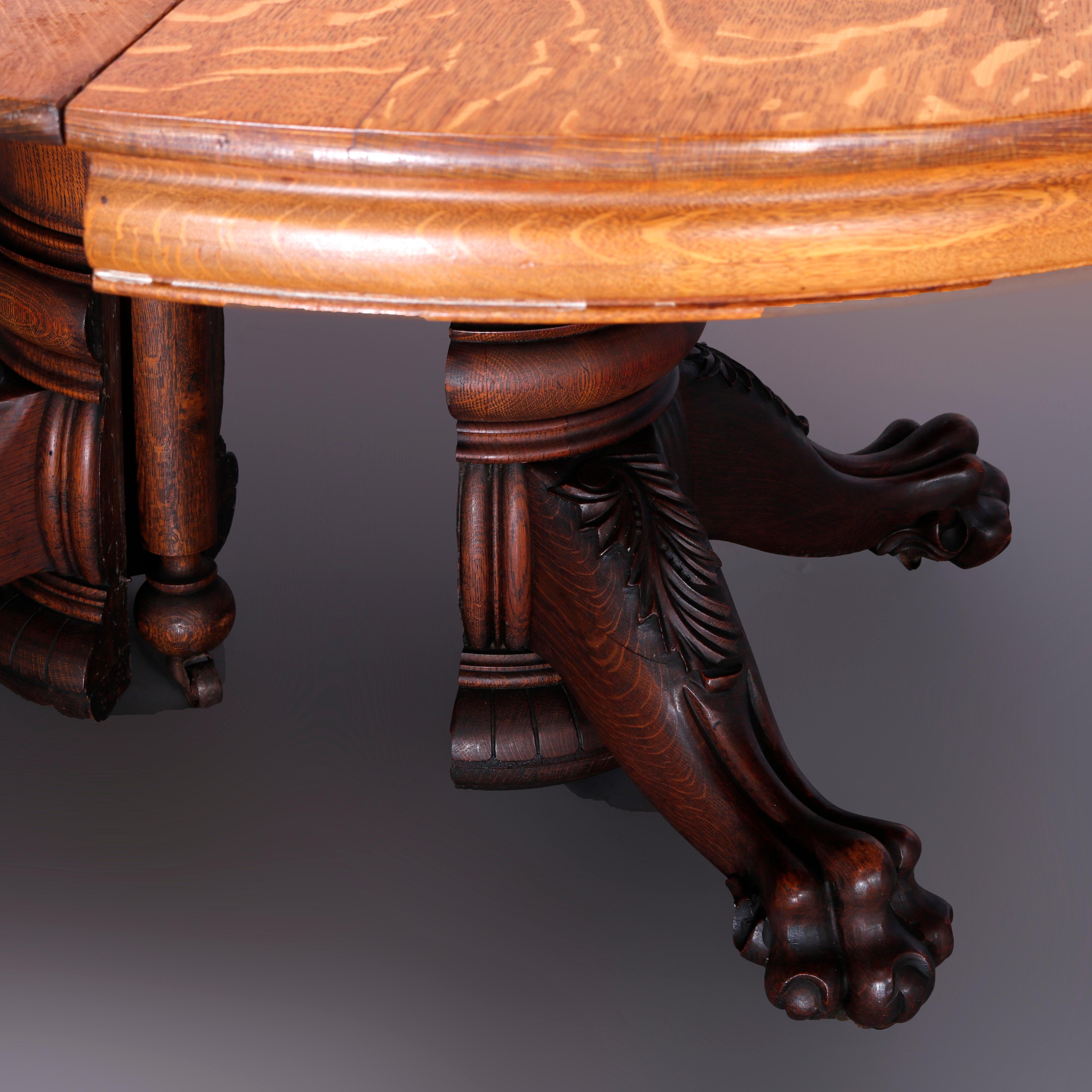 AntiqueHastings Round Oak Carved Claw Foot Banquet Dining Table & 5 Leaves c1910 11