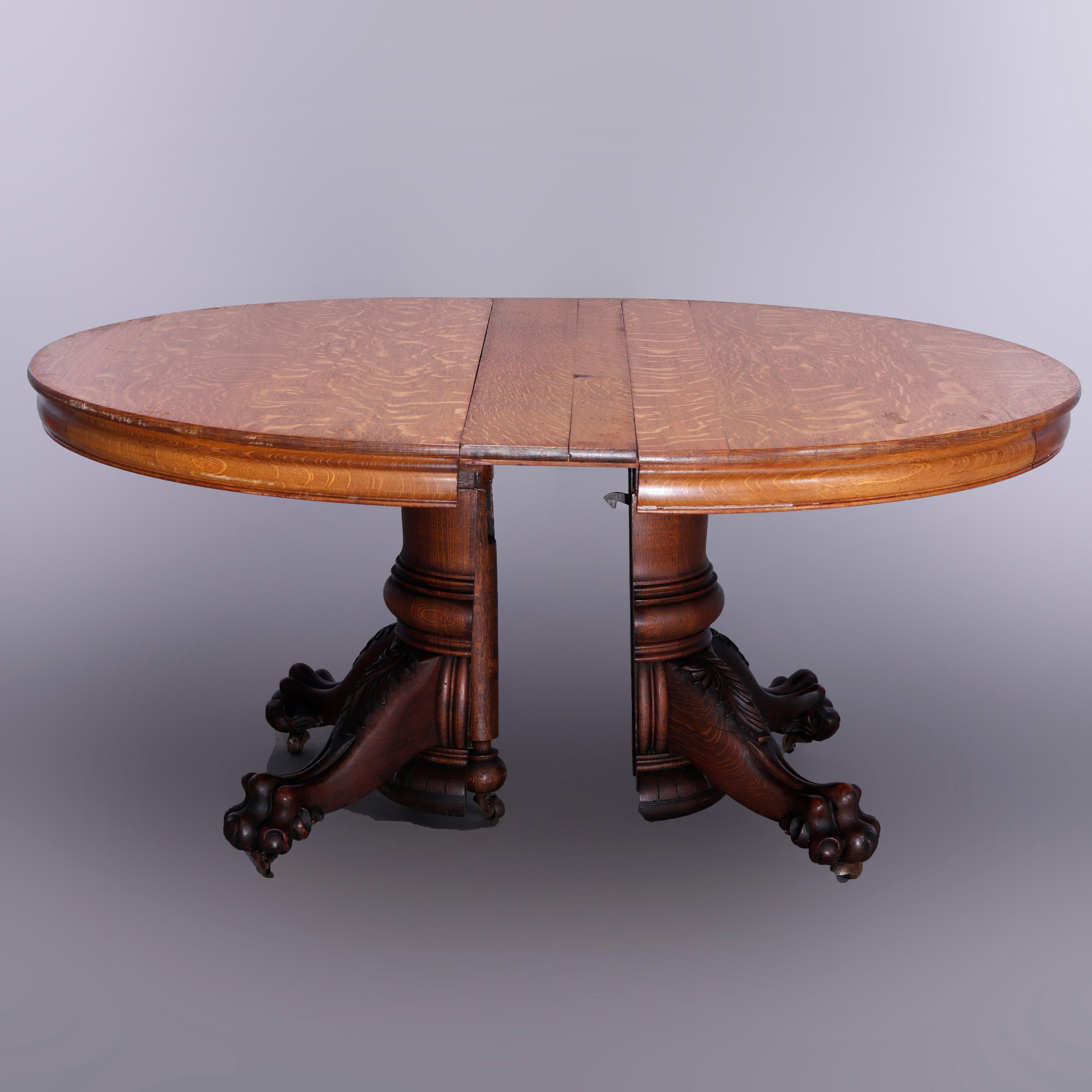 American AntiqueHastings Round Oak Carved Claw Foot Banquet Dining Table & 5 Leaves c1910