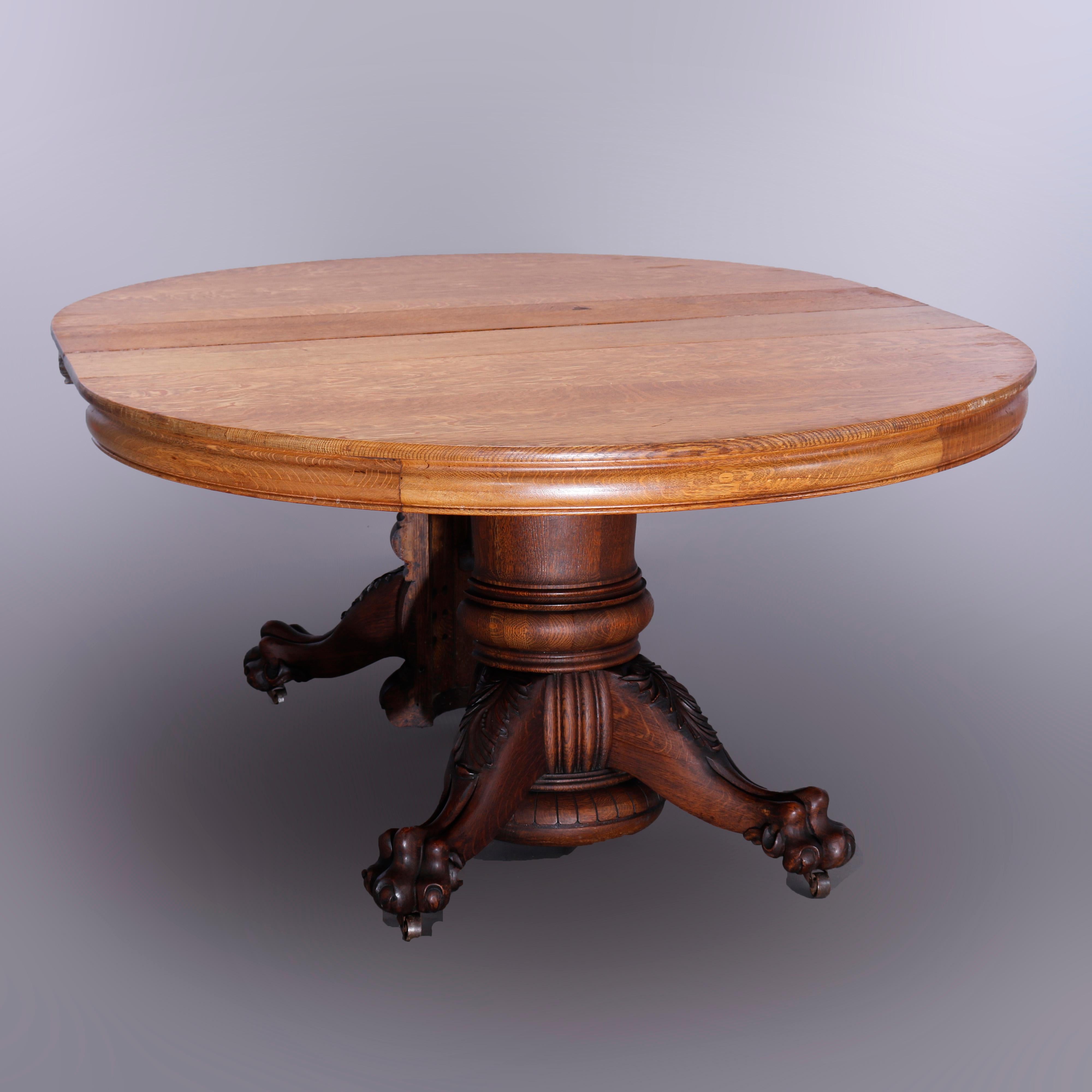 AntiqueHastings Round Oak Carved Claw Foot Banquet Dining Table & 5 Leaves c1910 In Good Condition In Big Flats, NY