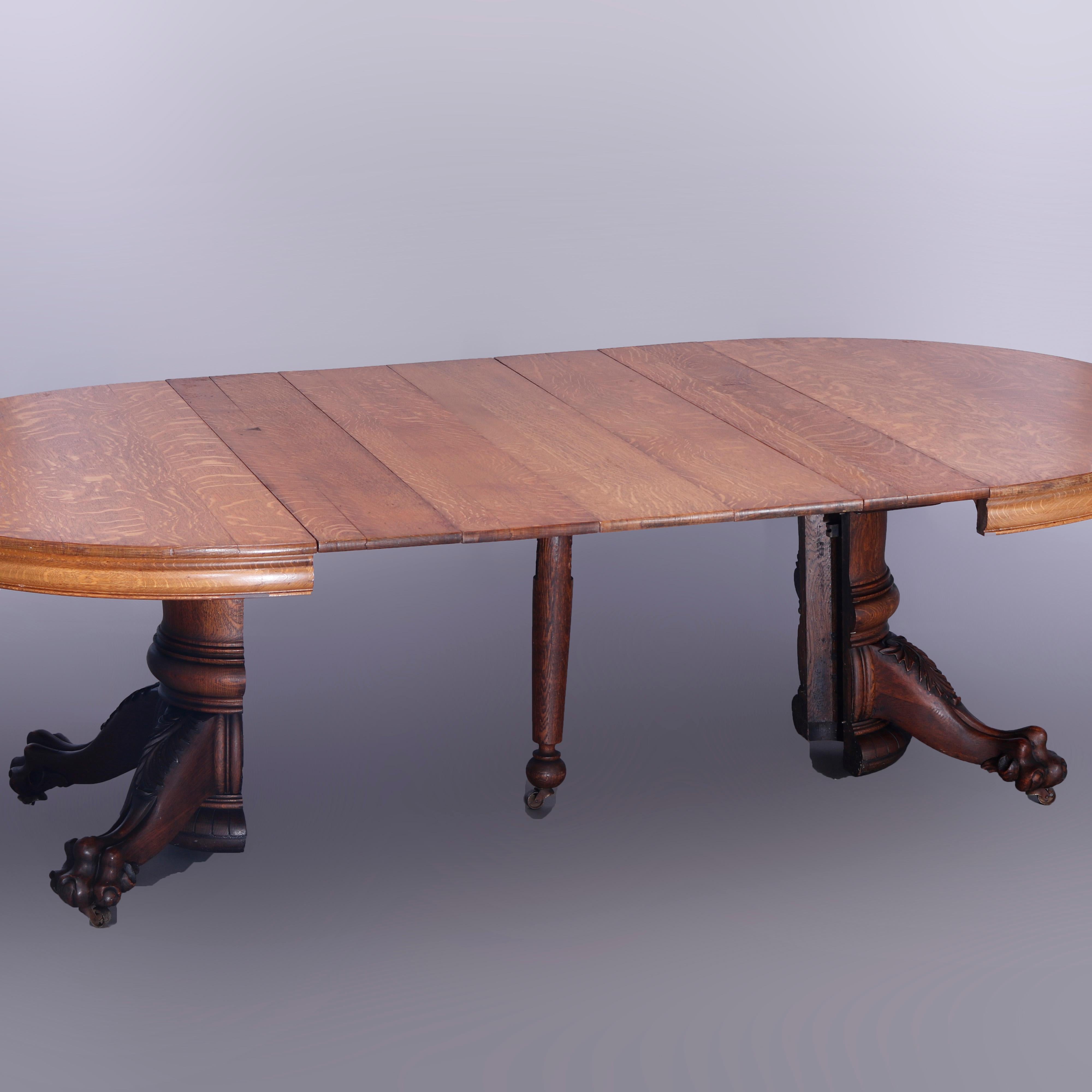 20th Century AntiqueHastings Round Oak Carved Claw Foot Banquet Dining Table & 5 Leaves c1910
