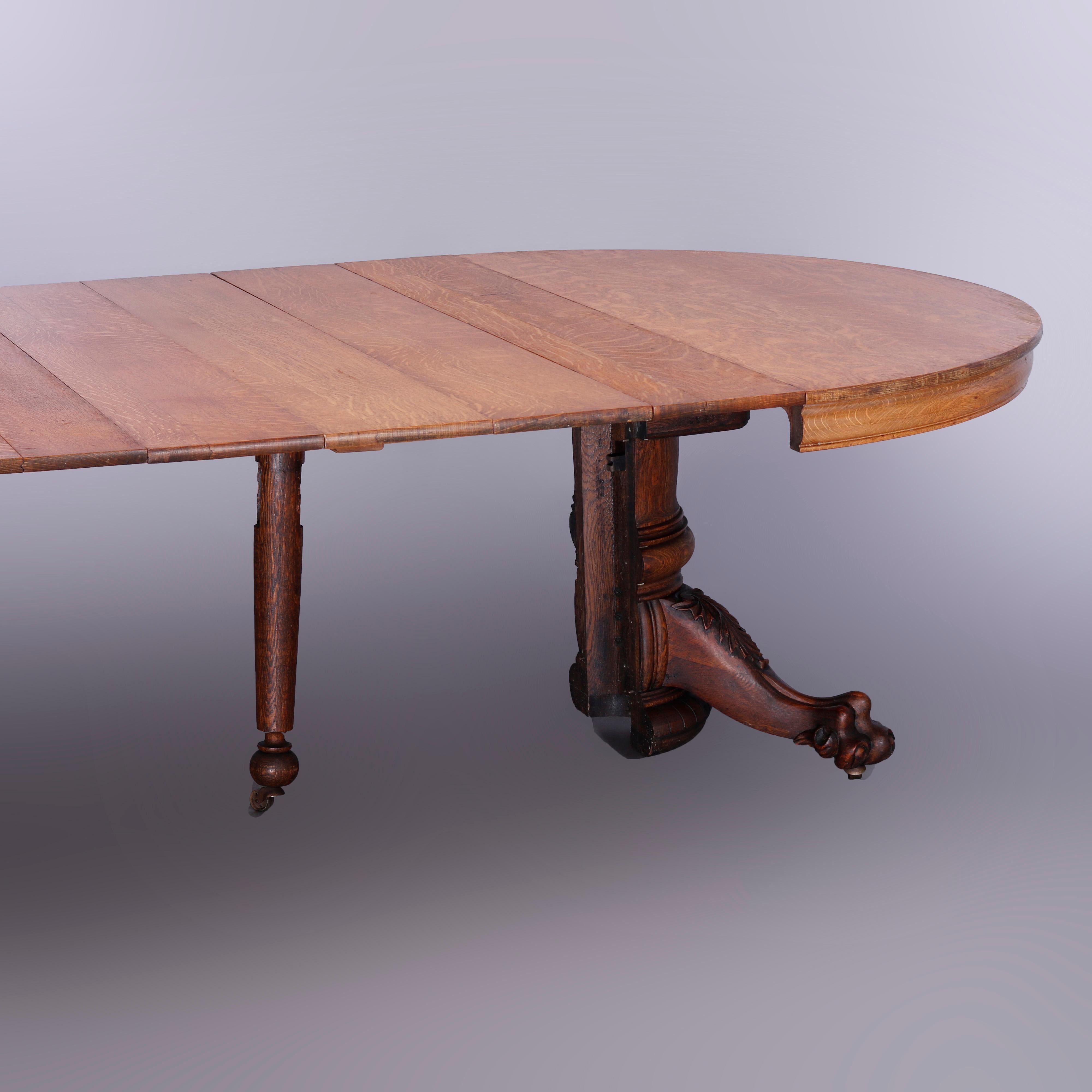 AntiqueHastings Round Oak Carved Claw Foot Banquet Dining Table & 5 Leaves c1910 1