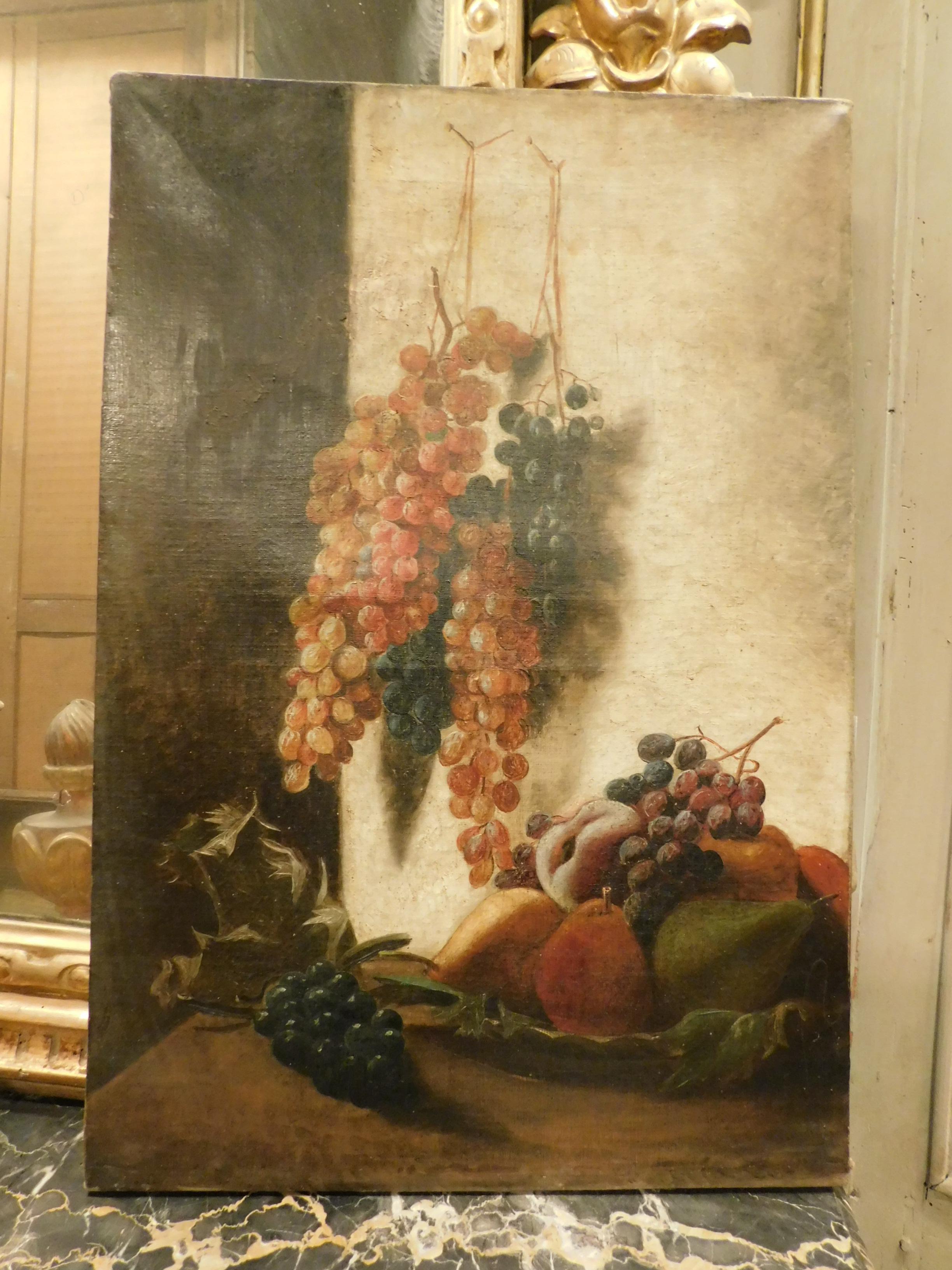 Ancient painting, oil on canvas, representing still life, with fruit and vegetation, with wooden frame on the back, painted in the 19th century in Italy, size cm LW 4 x H 64 x D 2.