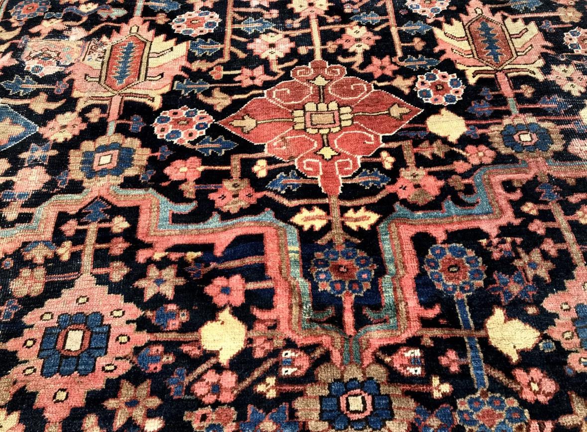 ANTIGUA Alfombra Oriental Persa HERIZ, Campo Azul Raro Fines del siglo XIX