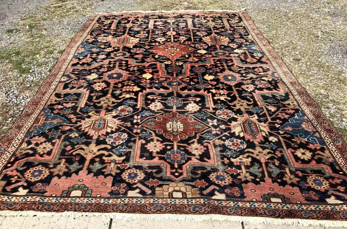 ANTIGUA Alfombra Oriental Persa HERIZ, Campo Azul Raro Lana