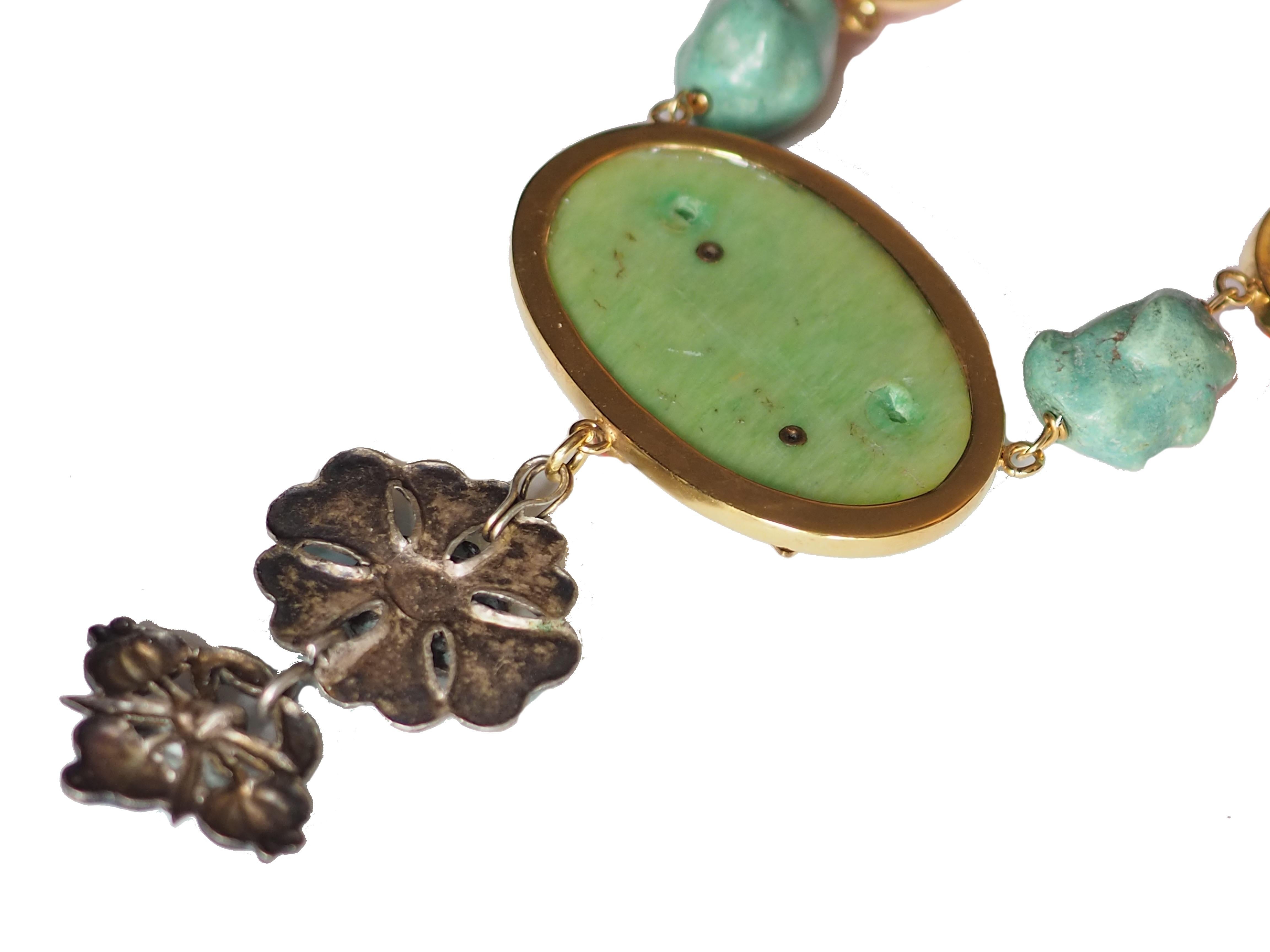 Antiques Bakelite Turquoise Bronze Enamel Necklace For Sale 3