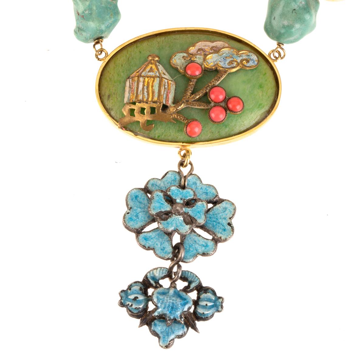 Antiques Bakelite Turquoise Bronze Enamel Necklace For Sale 8