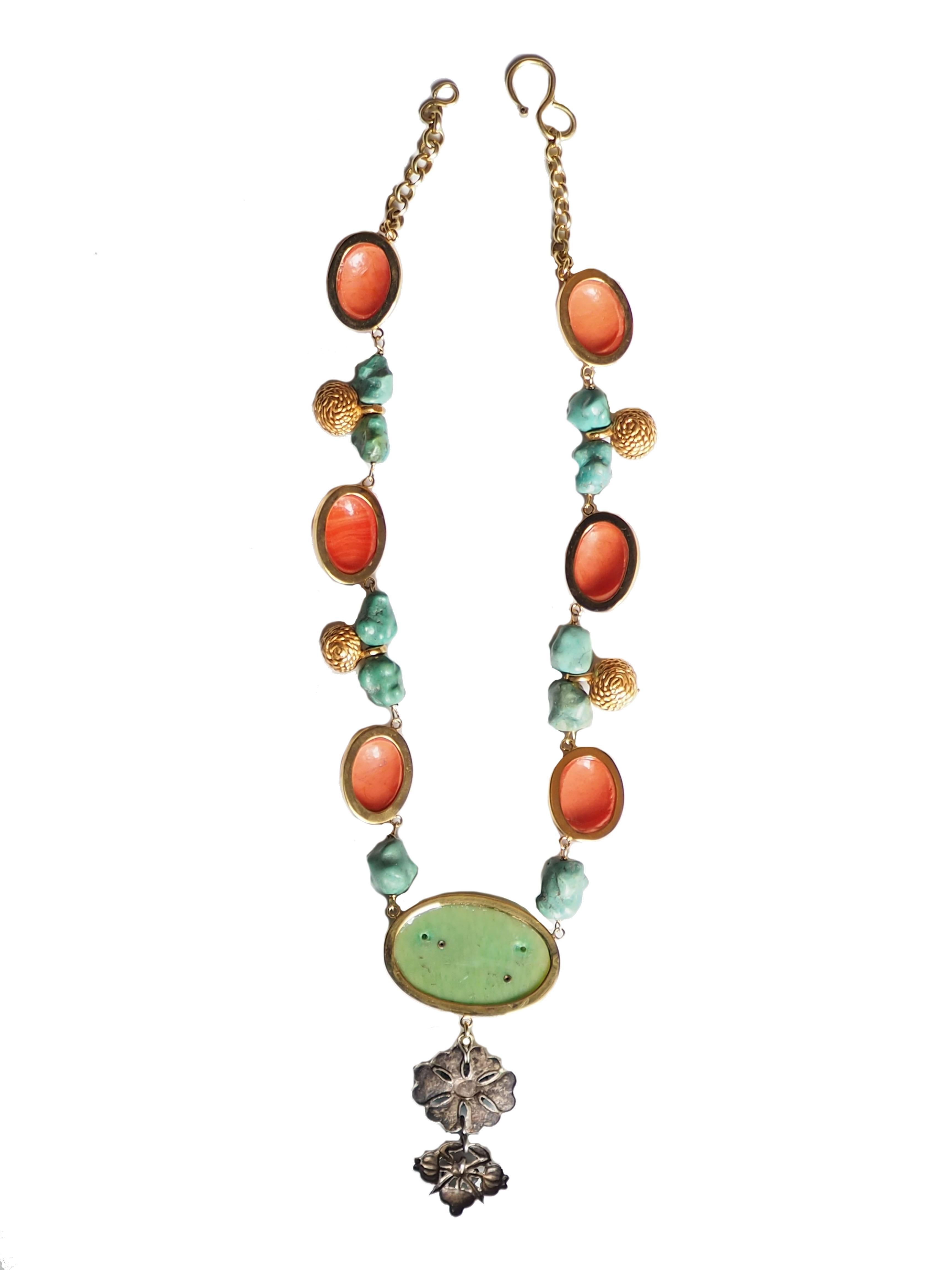 Antiques Bakelite Turquoise Bronze Enamel Necklace For Sale 2