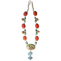 Collier d'antiquités en bakélite, turquoise et bronze émaillé