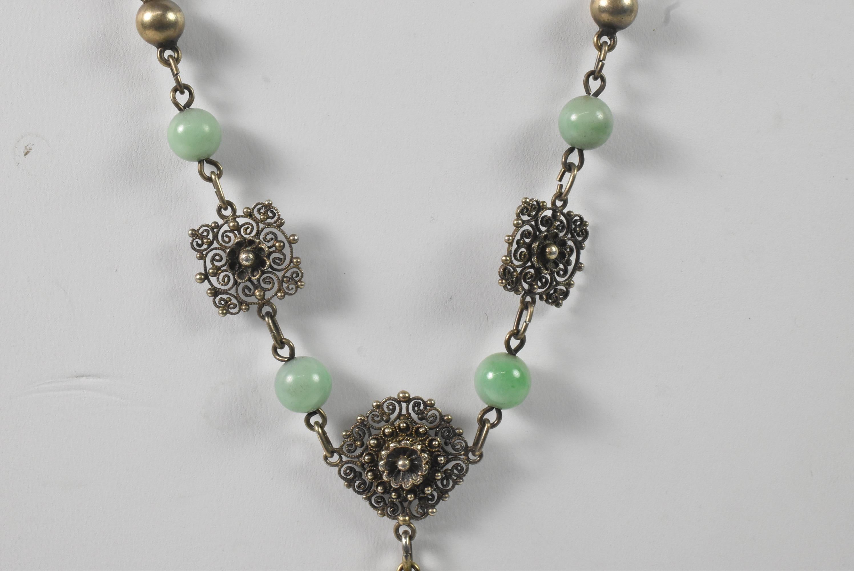Antiques Carved Asian Jade Pendent on A Silver Chain In Good Condition For Sale In Toledo, OH