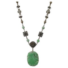 Antiques Carved Asian Jade Pendent on A Silver Chain