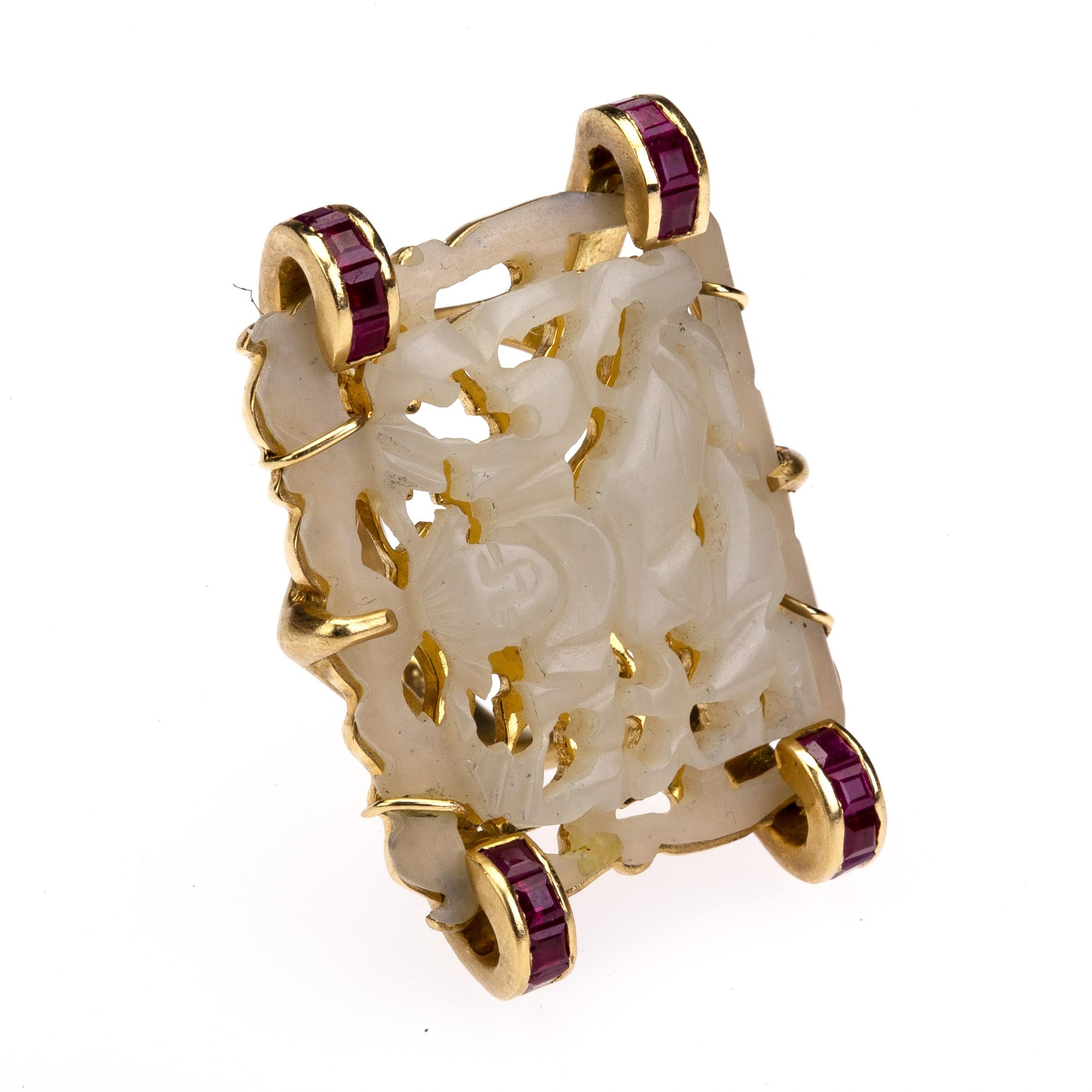 Antiques Carved Chinese Jade Ruby 18 Karat Gold Ring For Sale 7