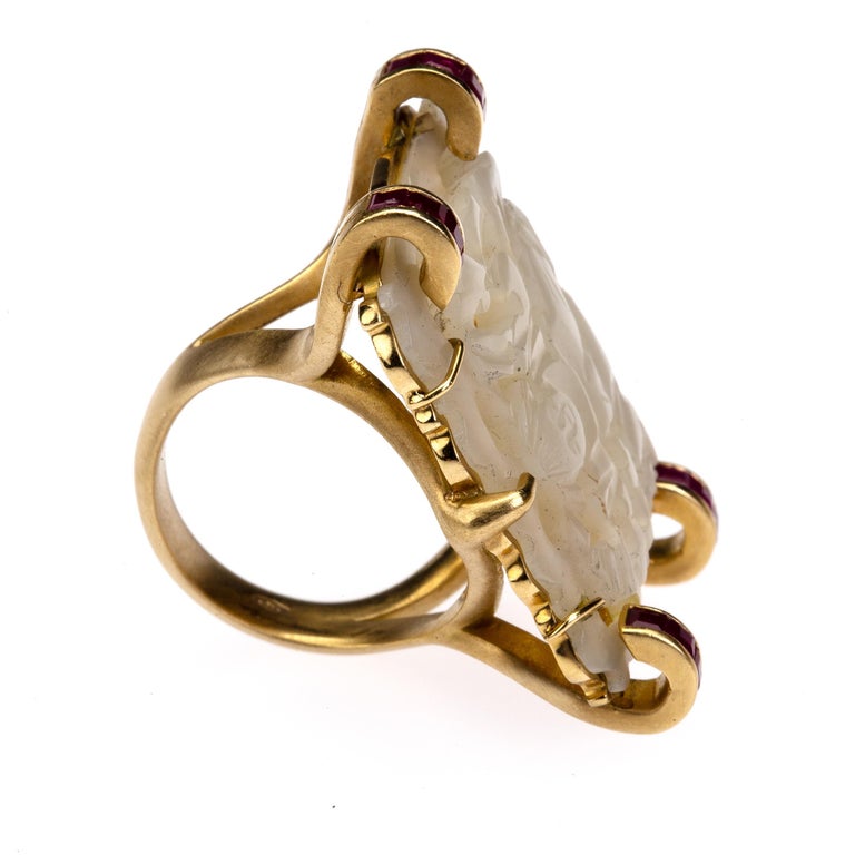 Antiques Carved Chinese Jade Ruby 18 Karat Gold Ring For Sale 9