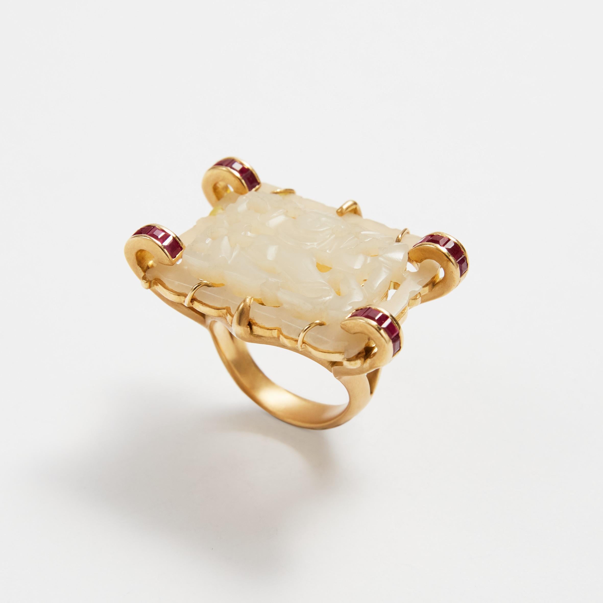 Antiques Carved Chinese Jade Ruby 18 Karat Gold Ring For Sale 12