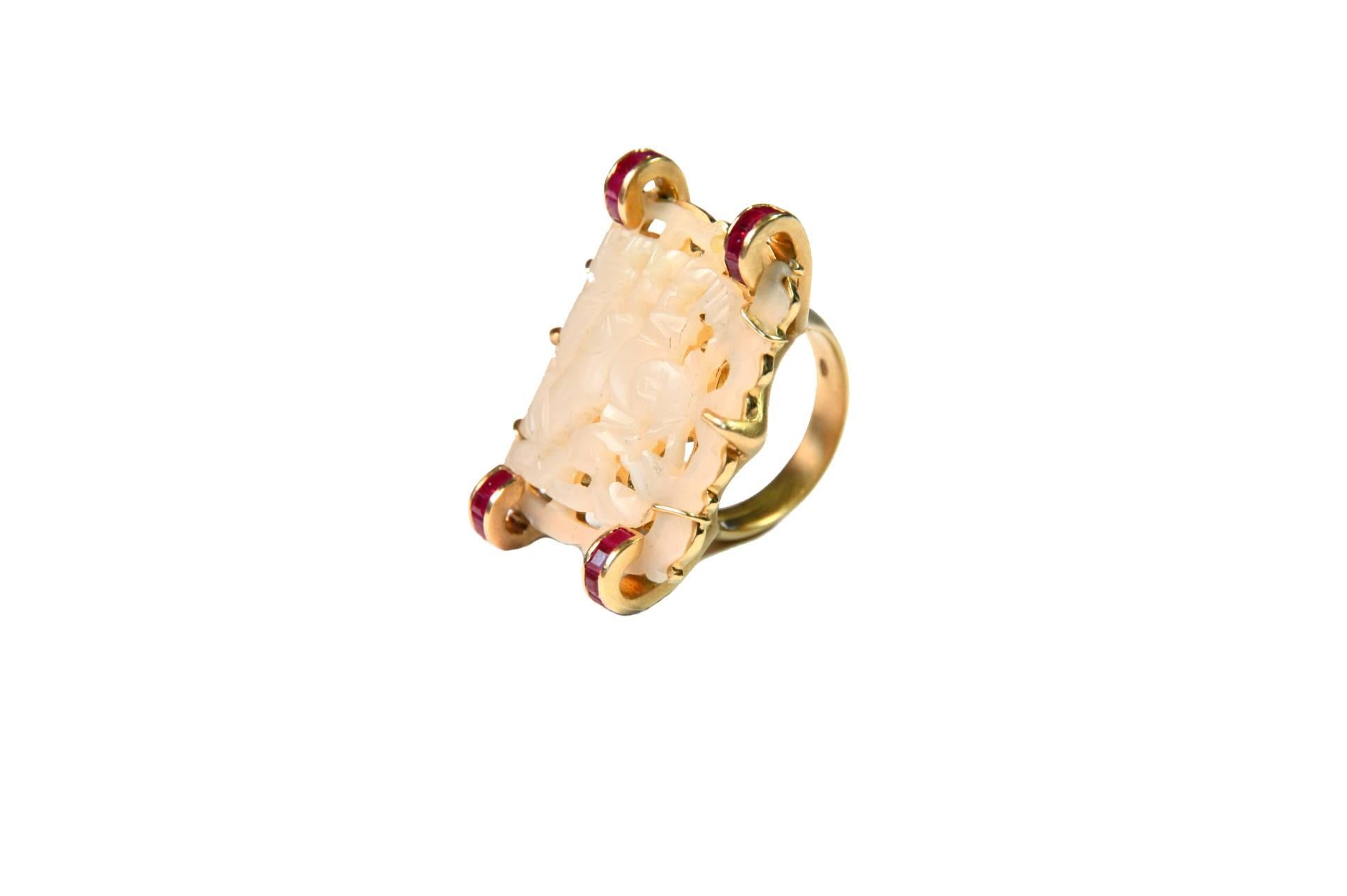 Antiques Carved Chinese Jade Ruby 18 Karat Gold Ring For Sale 3