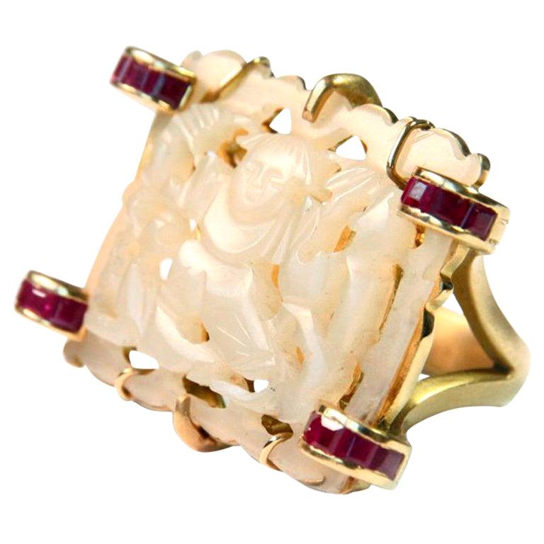 Antiques Carved Chinese Jade Ruby 18 Karat Gold Ring For Sale