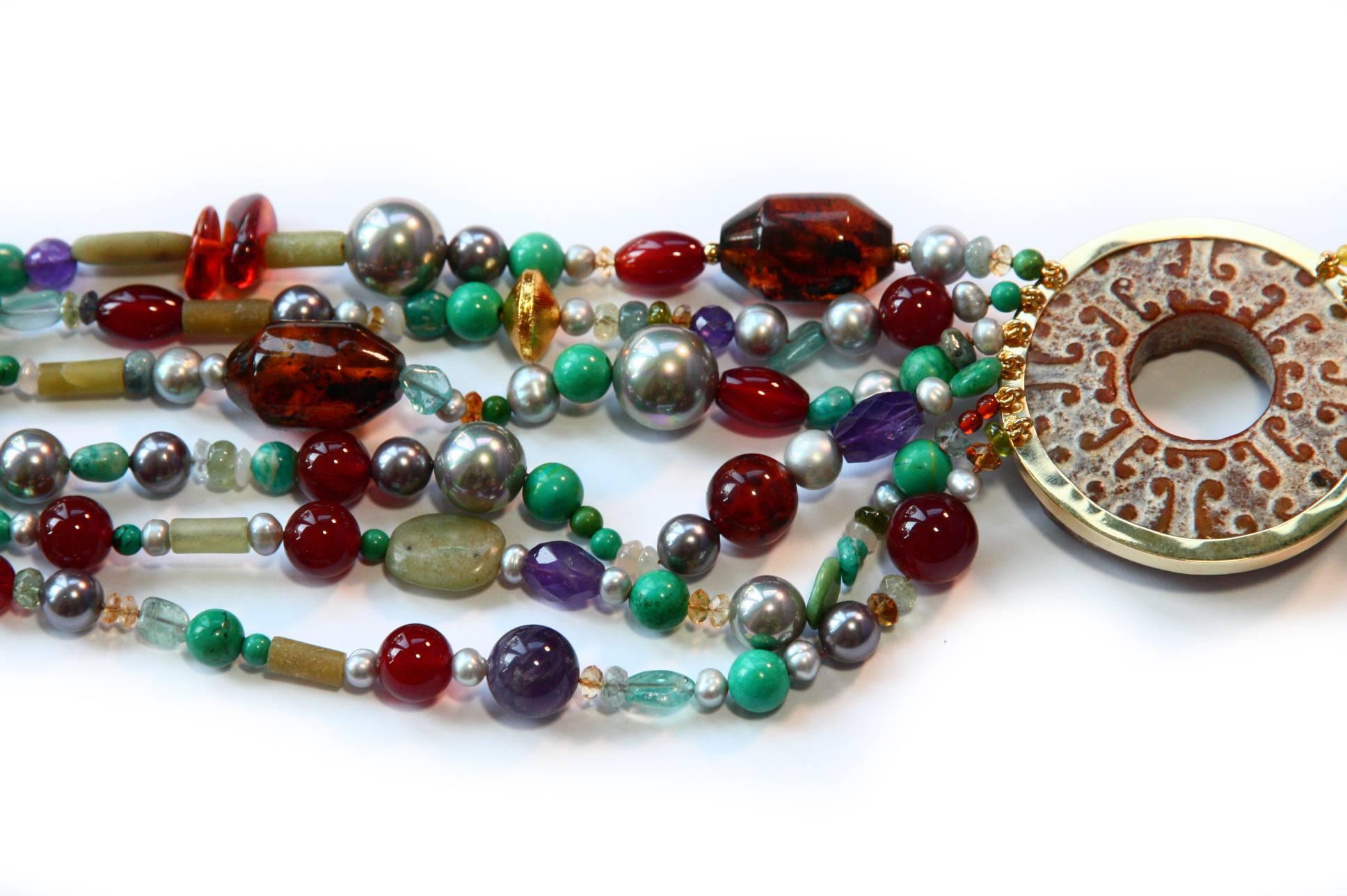 Antiques Carved Jade Bi Necklace Turquoise Amber Grey Pearls Gold In New Condition For Sale In Milan, IT