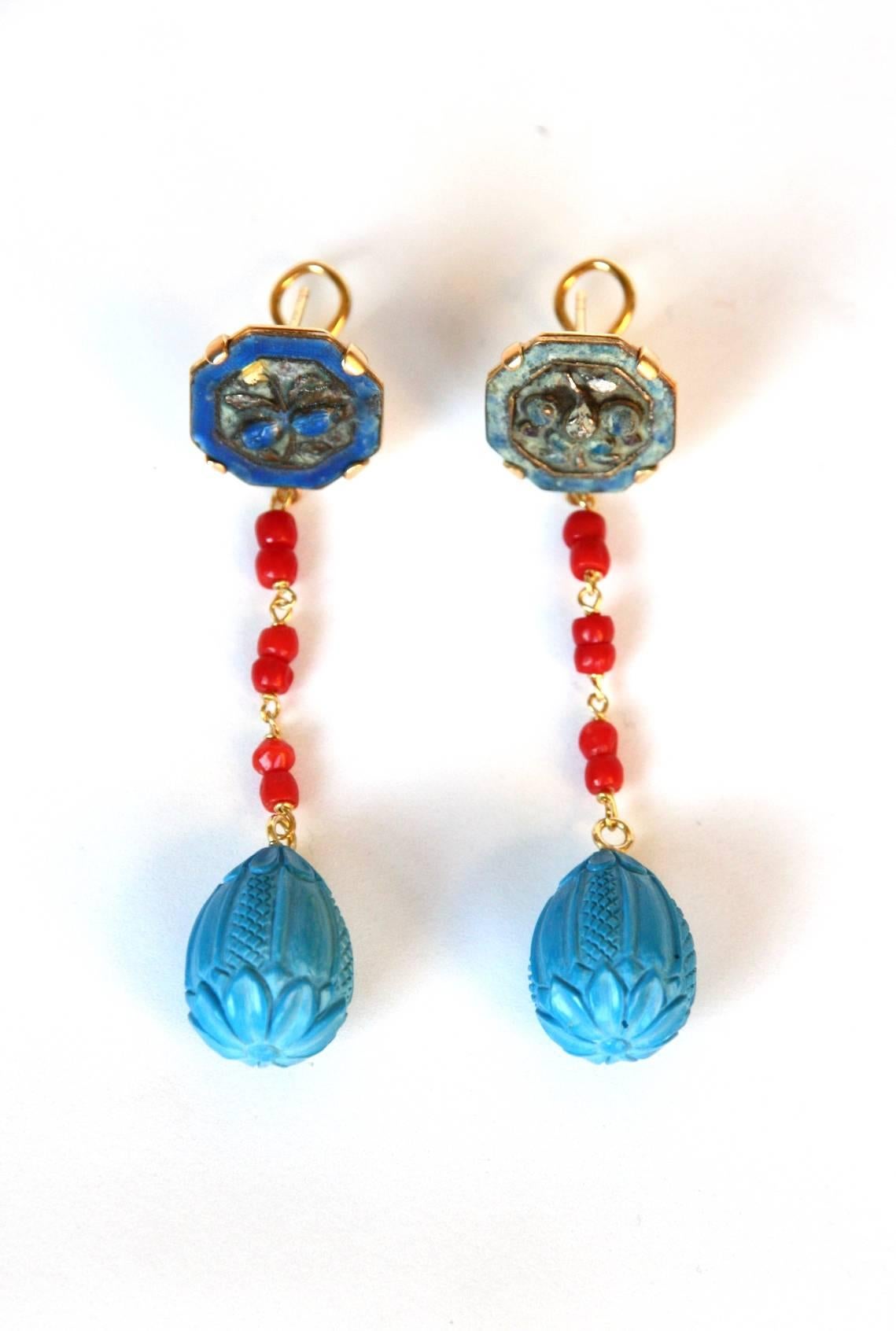 Earrings with antiques Chinese enamel button, red Italian coral, Indian carved turquoise drop, Gold 18k  gr. 9,20,  length 7cm, weight 11,8gr each.
All Giulia Colussi jewelry is new and has never been previously owned or worn. Each item will arrive