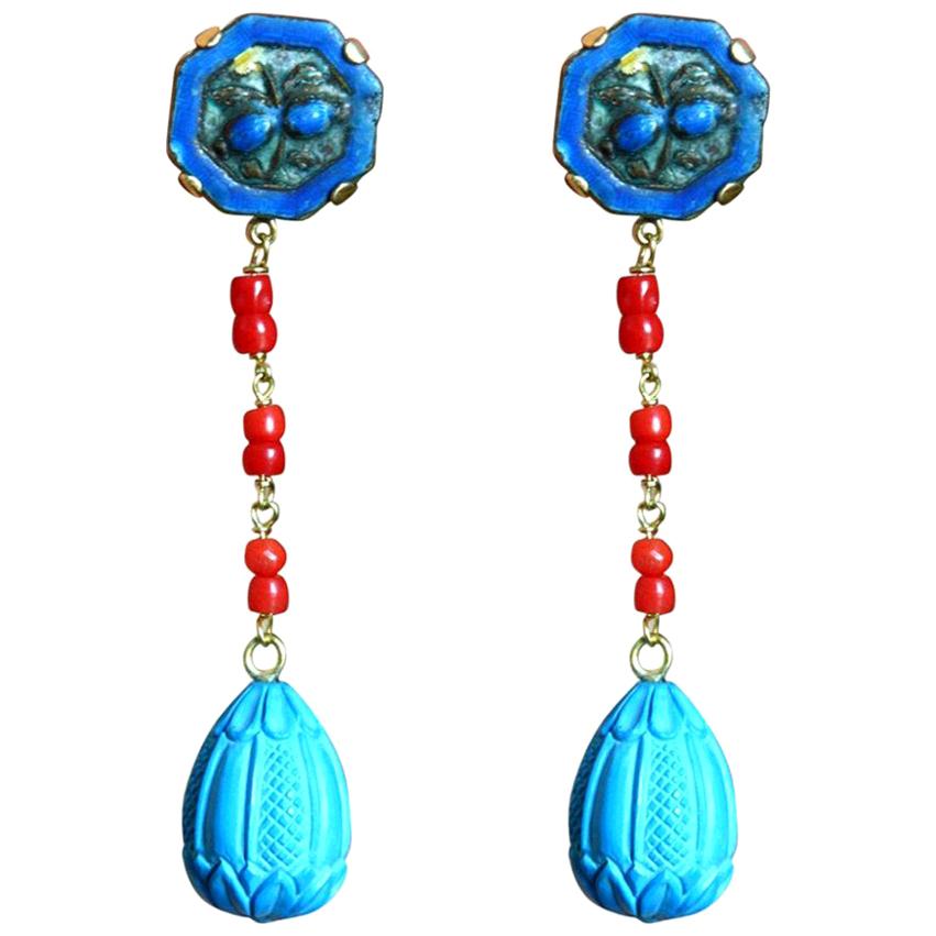 Antiques Chinese Button Coral Indian Turquoise Drop 18 Karat Gold Earrings For Sale