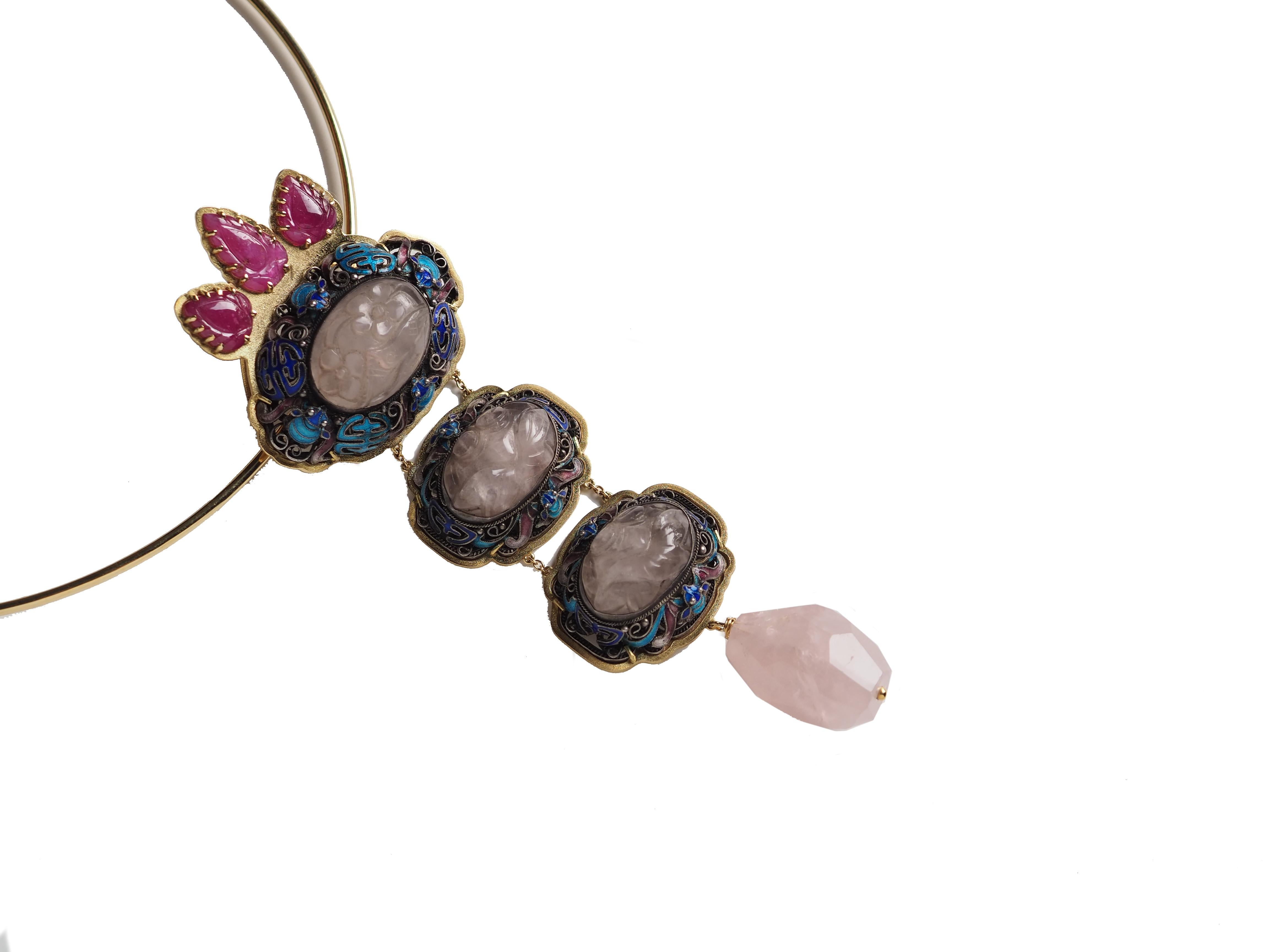 Artist Antiques Chinese Button, Rose Quartz, Ruby Gold 18 Karat Pendant Necklace For Sale