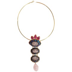 Antiques Chinese Button, Rose Quartz, Ruby Gold 18 Karat Pendant Necklace