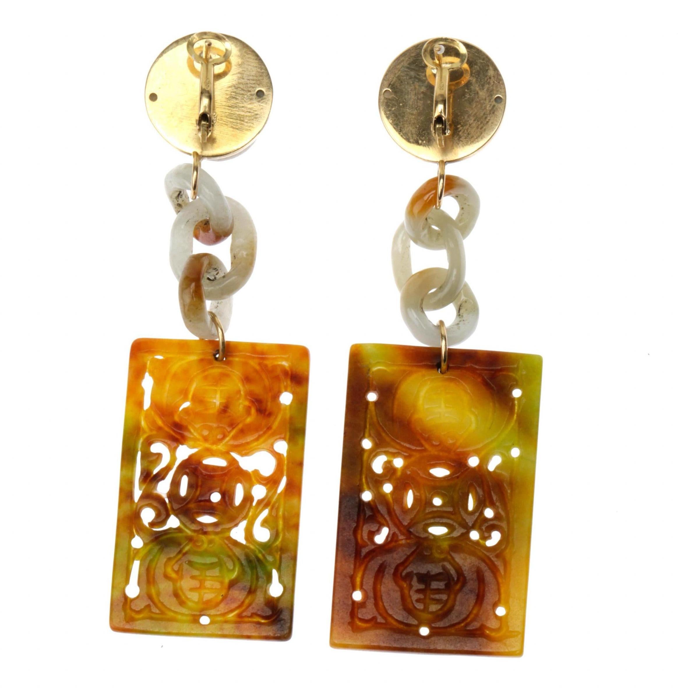 Women's or Men's Antiques Chinese Jade 18 Karat Gold Earrings For Sale