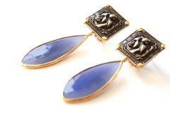 Antiques Deco Silver Plaques Agate 18 Karat Gold Earrings