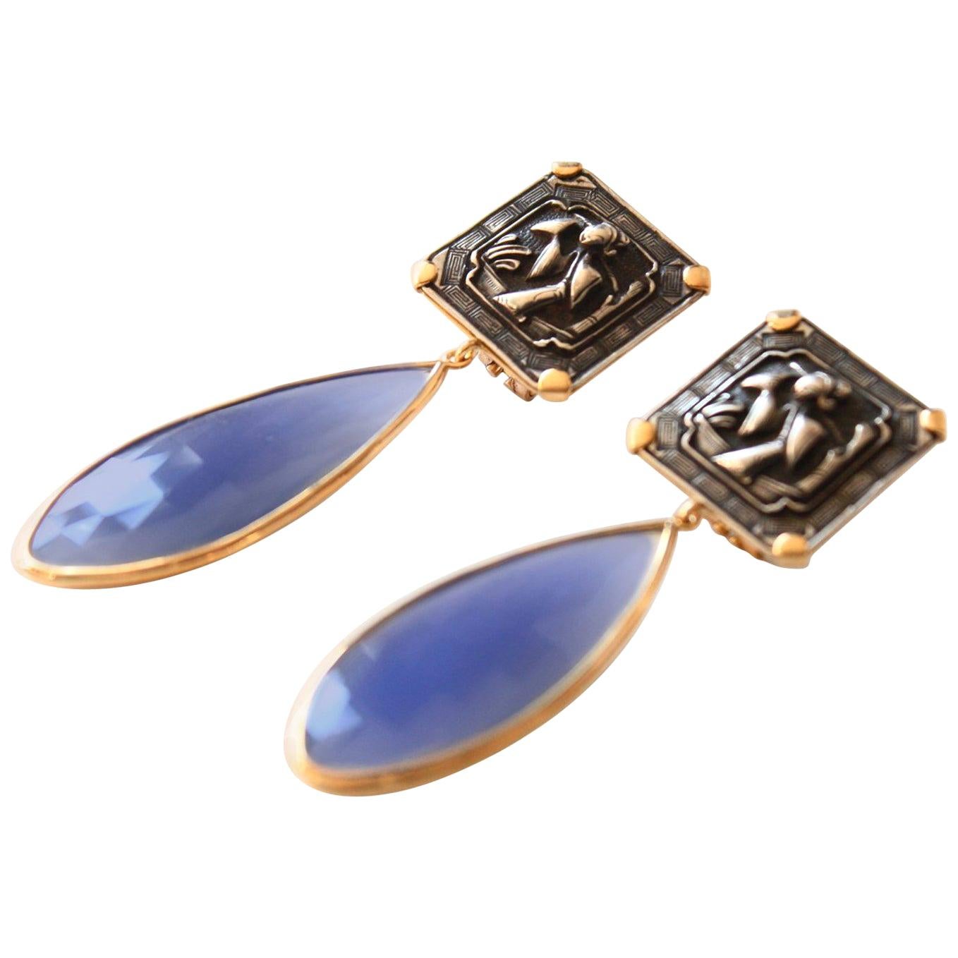 Antiques Deco Silver Plaques Agate 18 Karat Gold Earrings For Sale