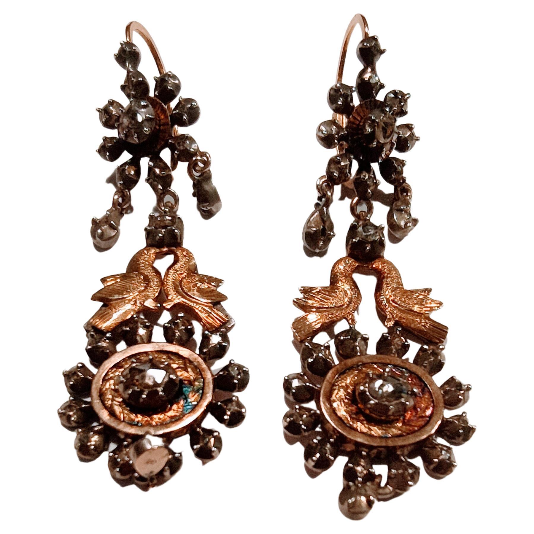 Rose Cut Antiques Earrings Birds 18th Century in Gold 14 Karat and Silver