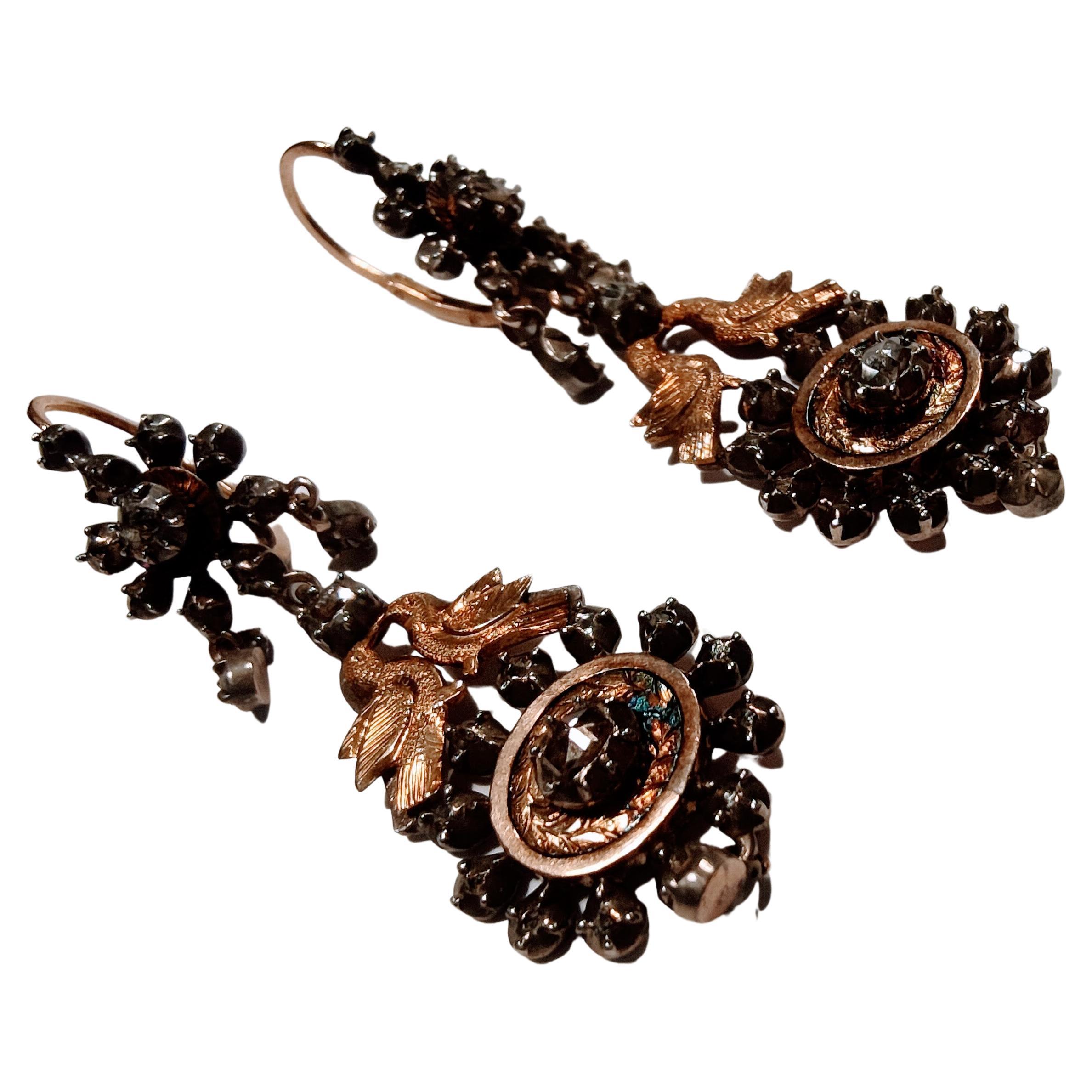 Antiques Earrings Birds 18th Century in Gold 14 Karat and Silver In Good Condition In Valencia, Comunidad Valenciana