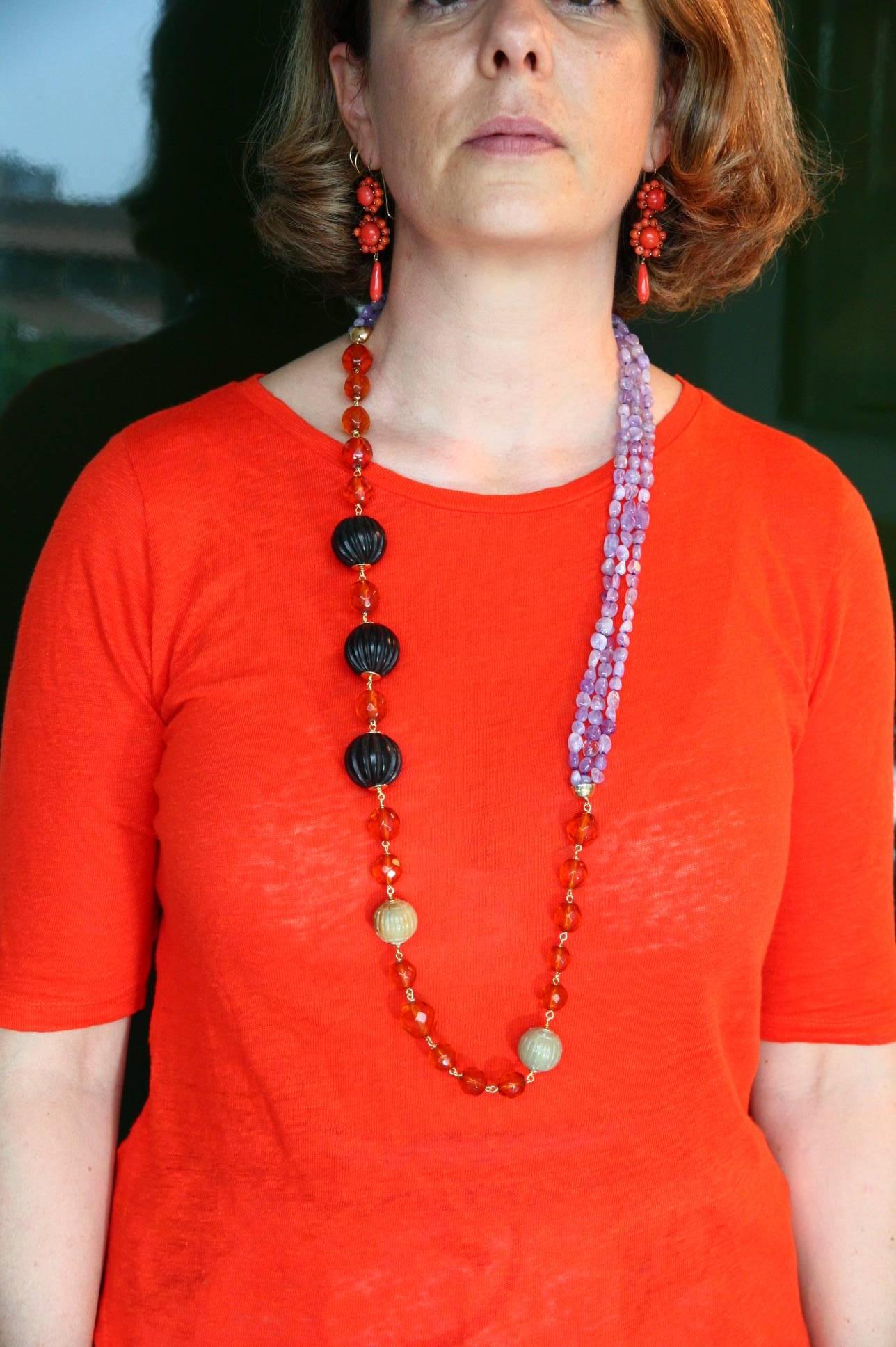 Women's or Men's Antiques Faced Amber Carved Ebony Amethyst 18 Karat Gold Long Necklace For Sale
