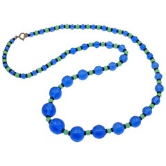 Antiques Glass Necklace 1930's Blue Sea Wave Color