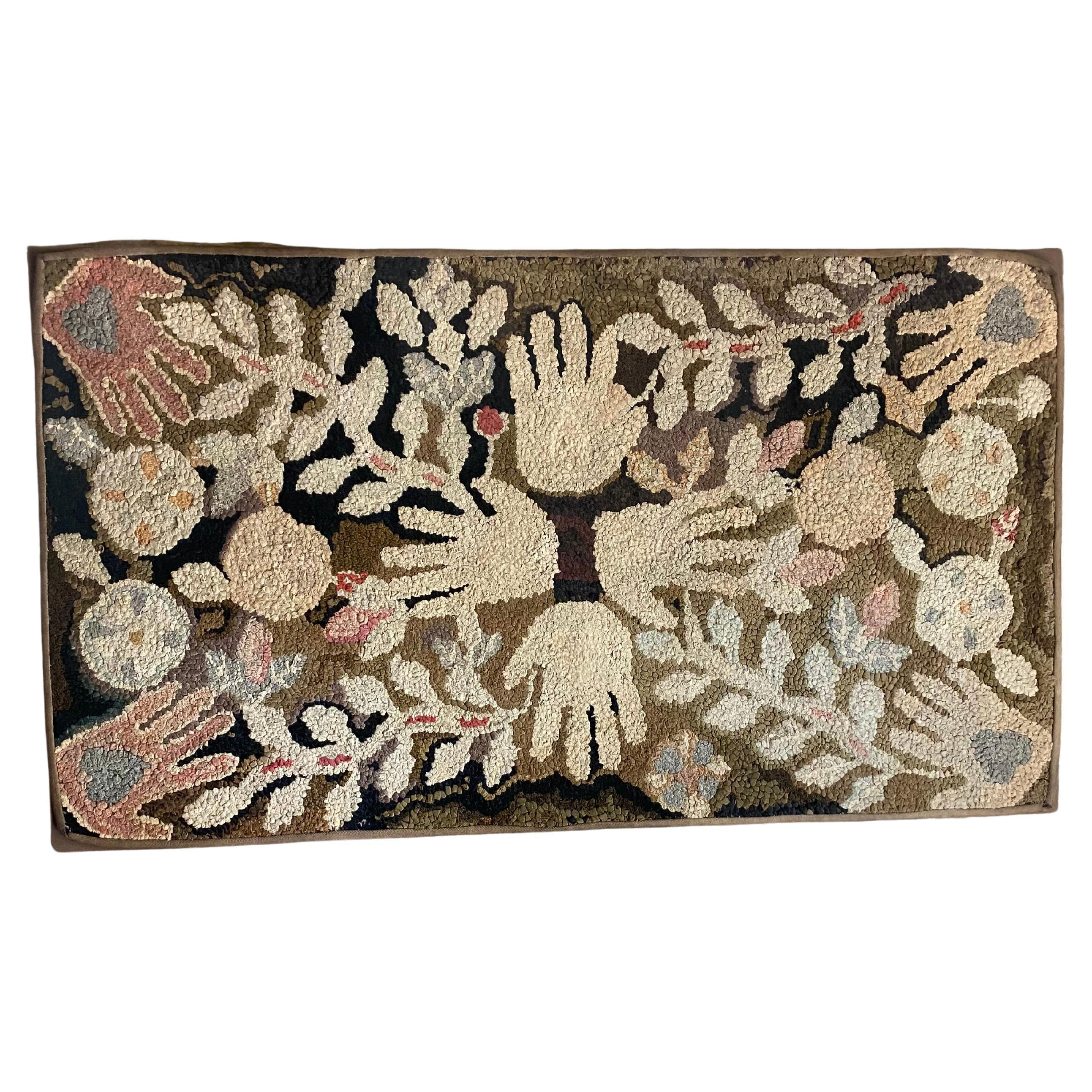 Heart in Hands Antique Hooked Rug For Sale