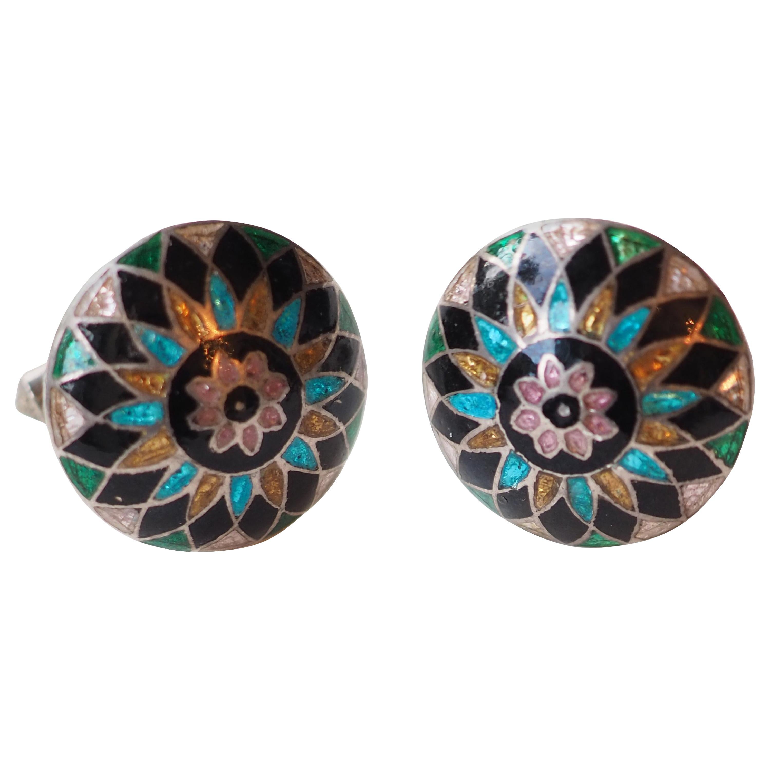 Antiques Indian Enamel Buttons Cufflinks 10 K Gold For Sale