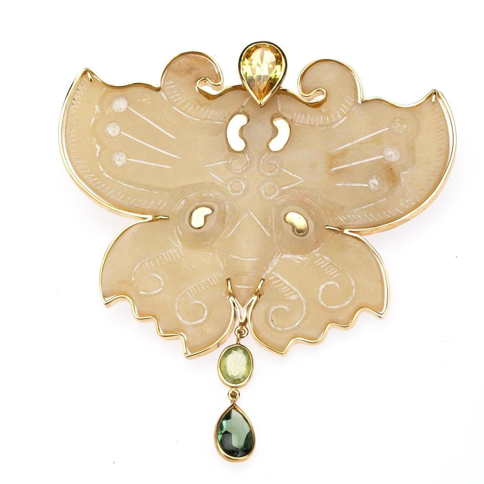 Antiques Jade Butterfly Citrine Tourmaline 18 Karat Gold Pendant 4