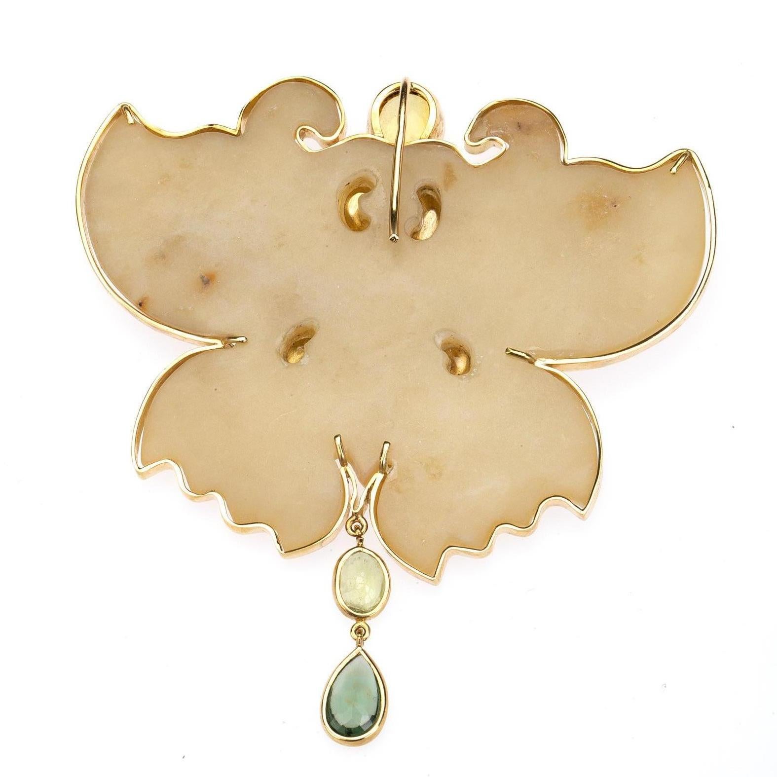 Antiques Jade Butterfly Citrine Tourmaline 18 Karat Gold Pendant 5