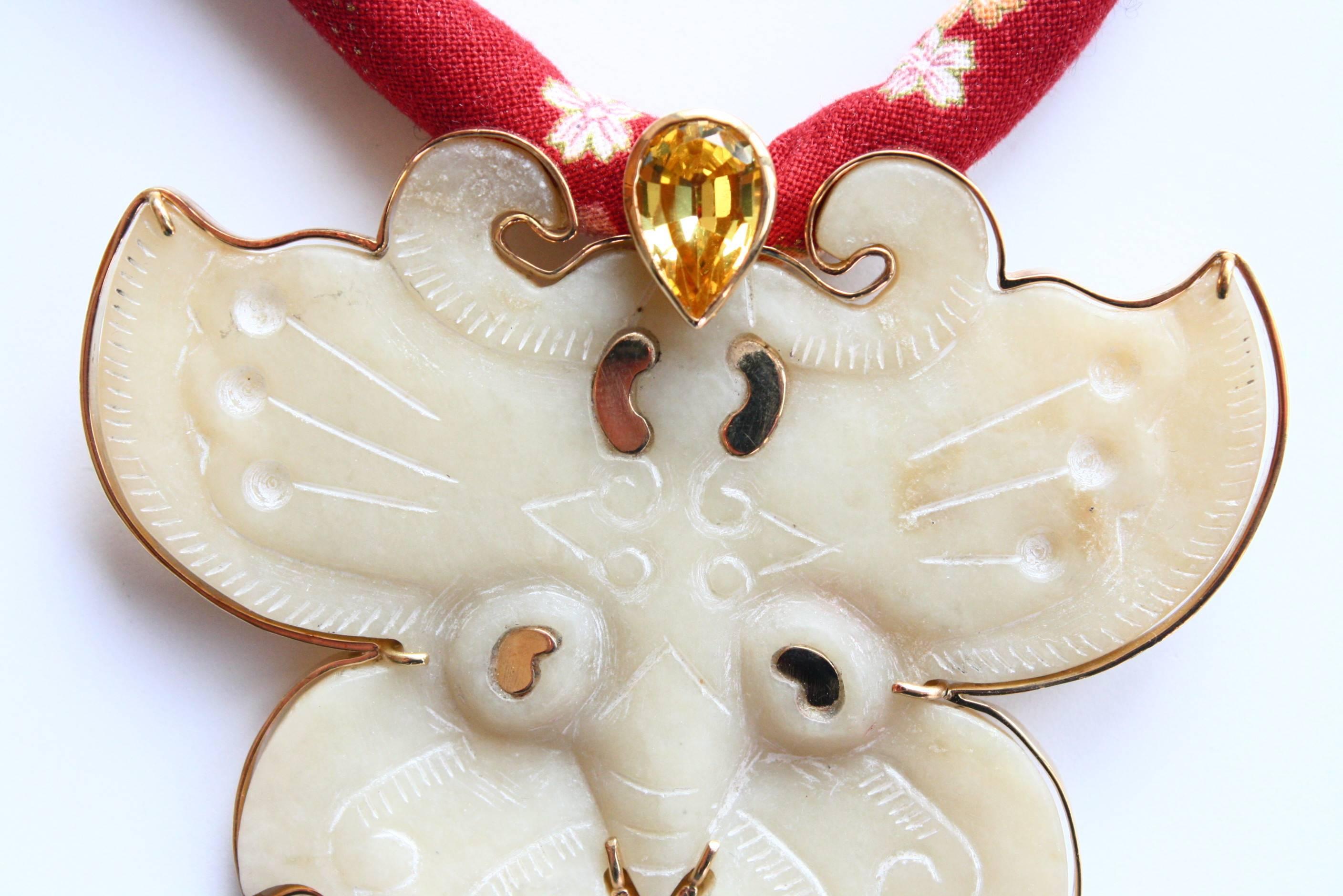 Art Deco Antiques Jade Butterfly Citrine Tourmaline 18 Karat Gold Pendant