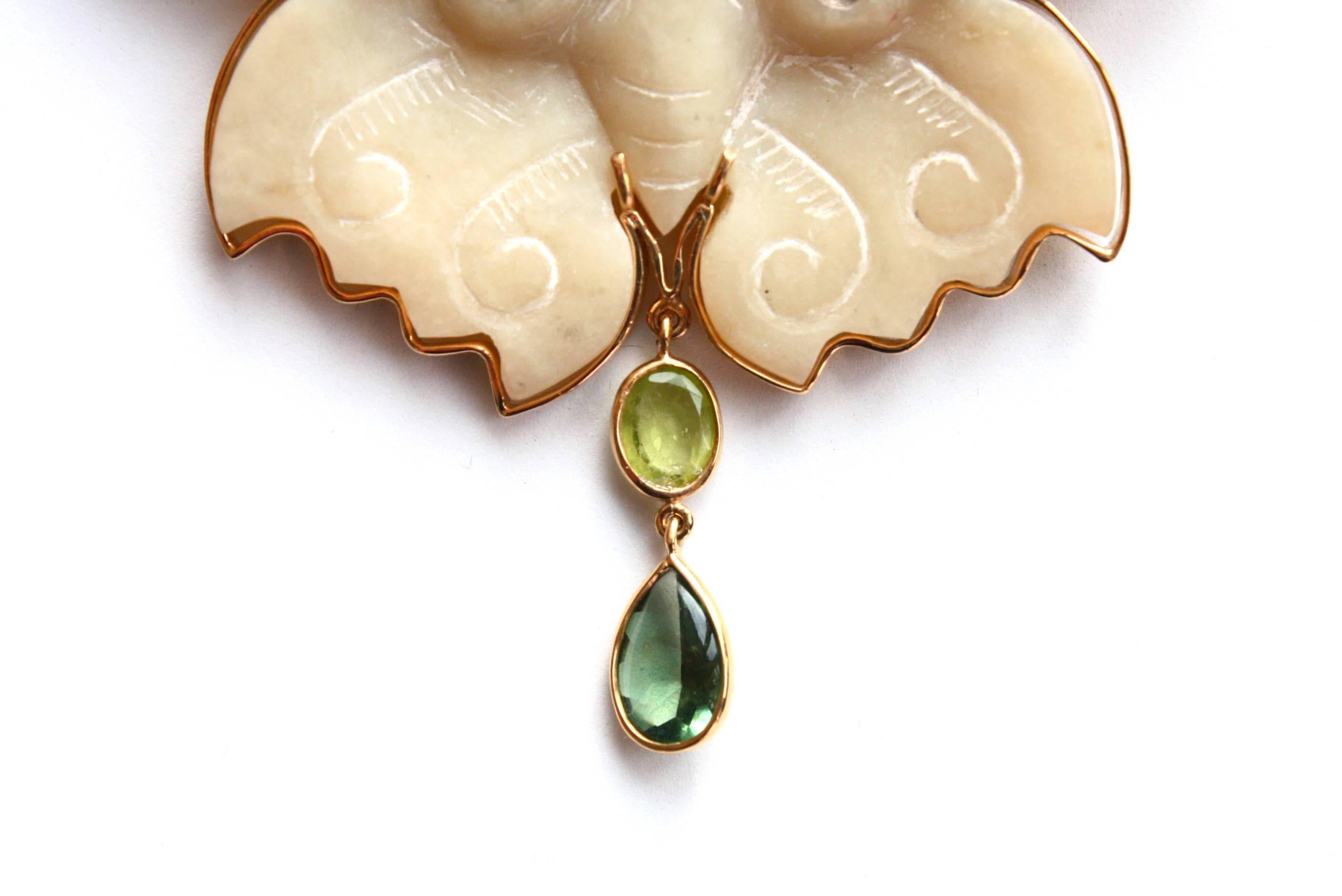 Mixed Cut Antiques Jade Butterfly Citrine Tourmaline 18 Karat Gold Pendant